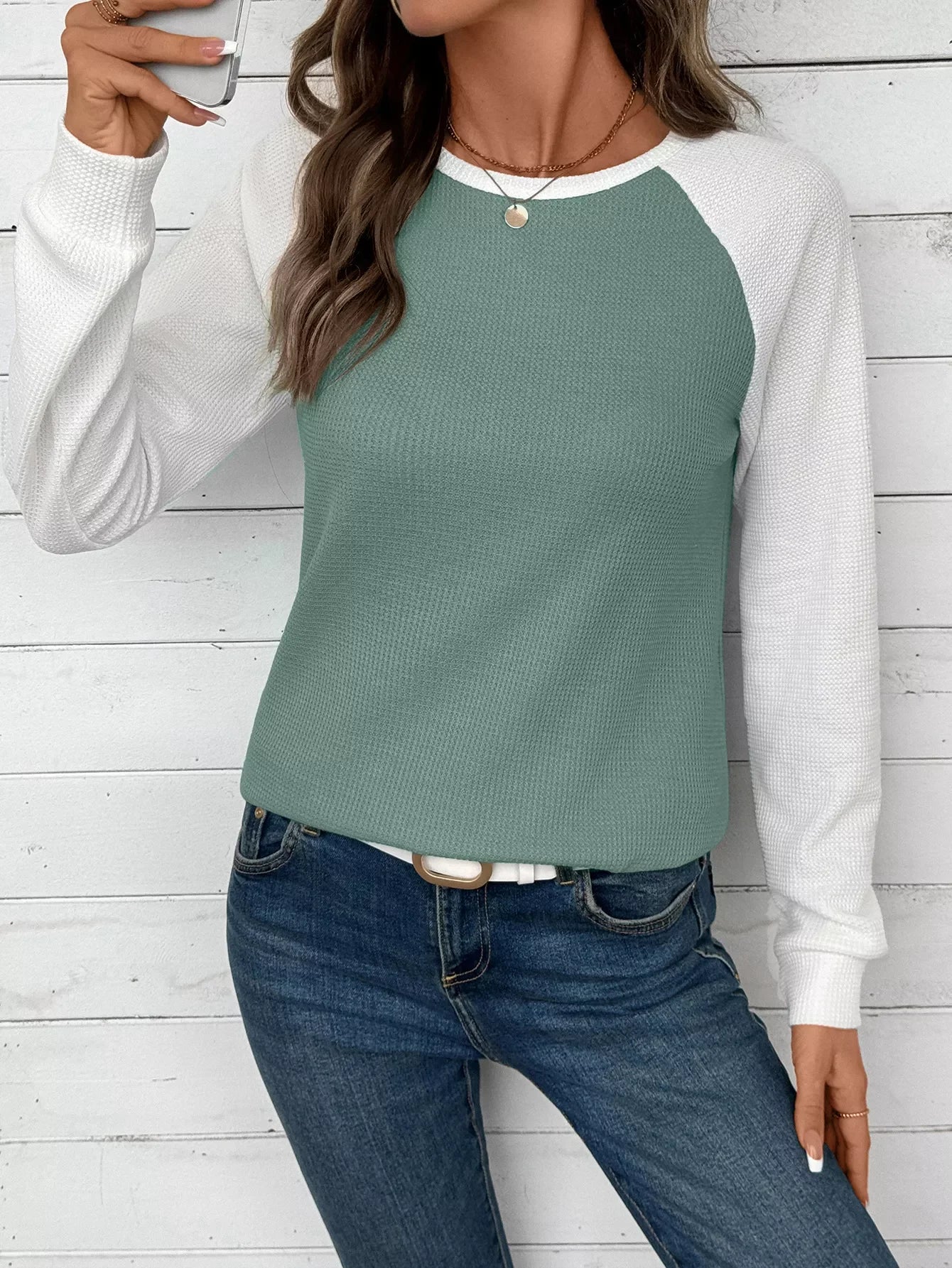 Contrast Raglan Sleeves Waffle Knit T Shirt - Southern Shores Clothing