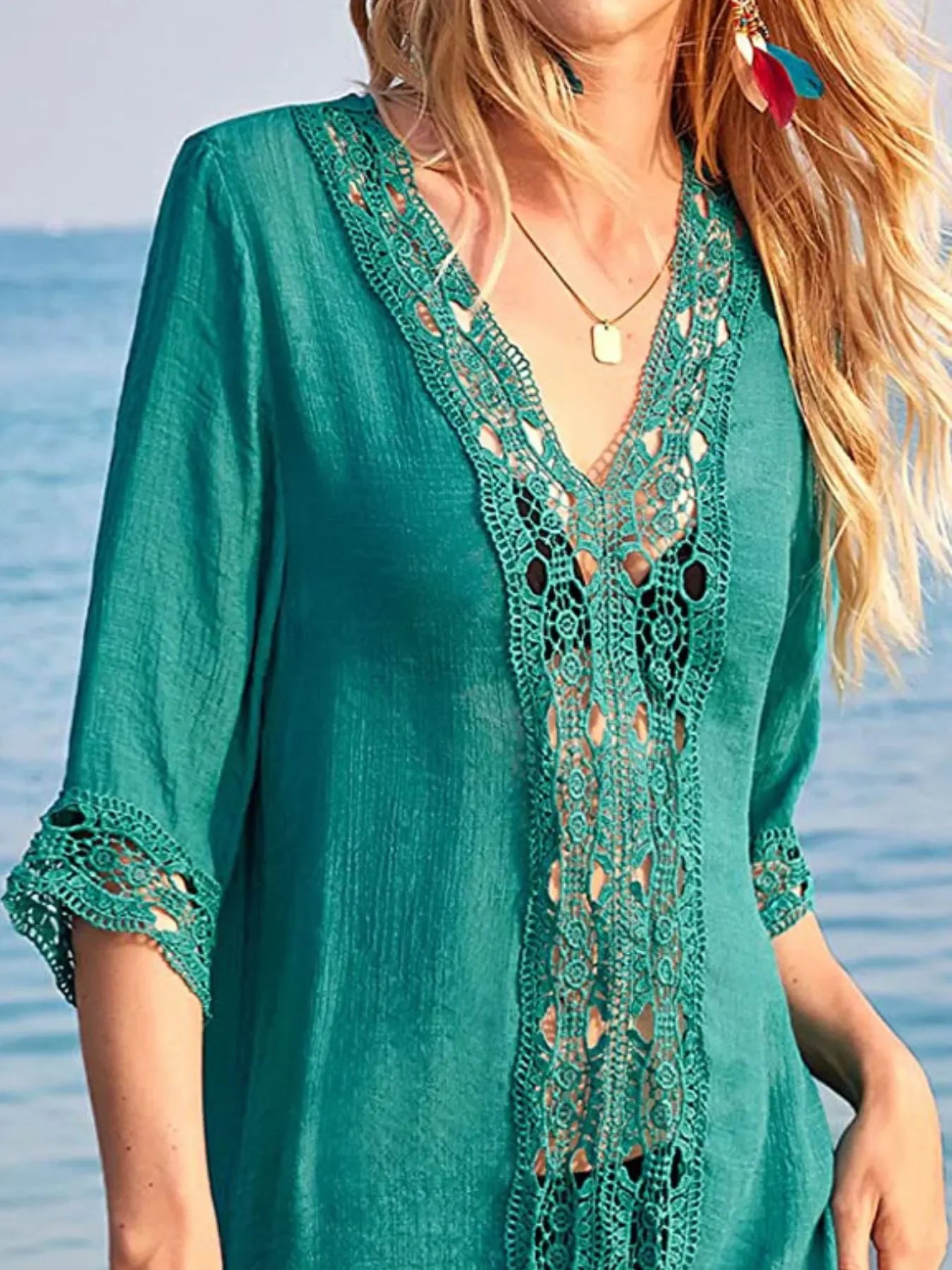 Lace Trim V-Neck Lightweight Swimwear Cover-Up - Southern Shores Clothing