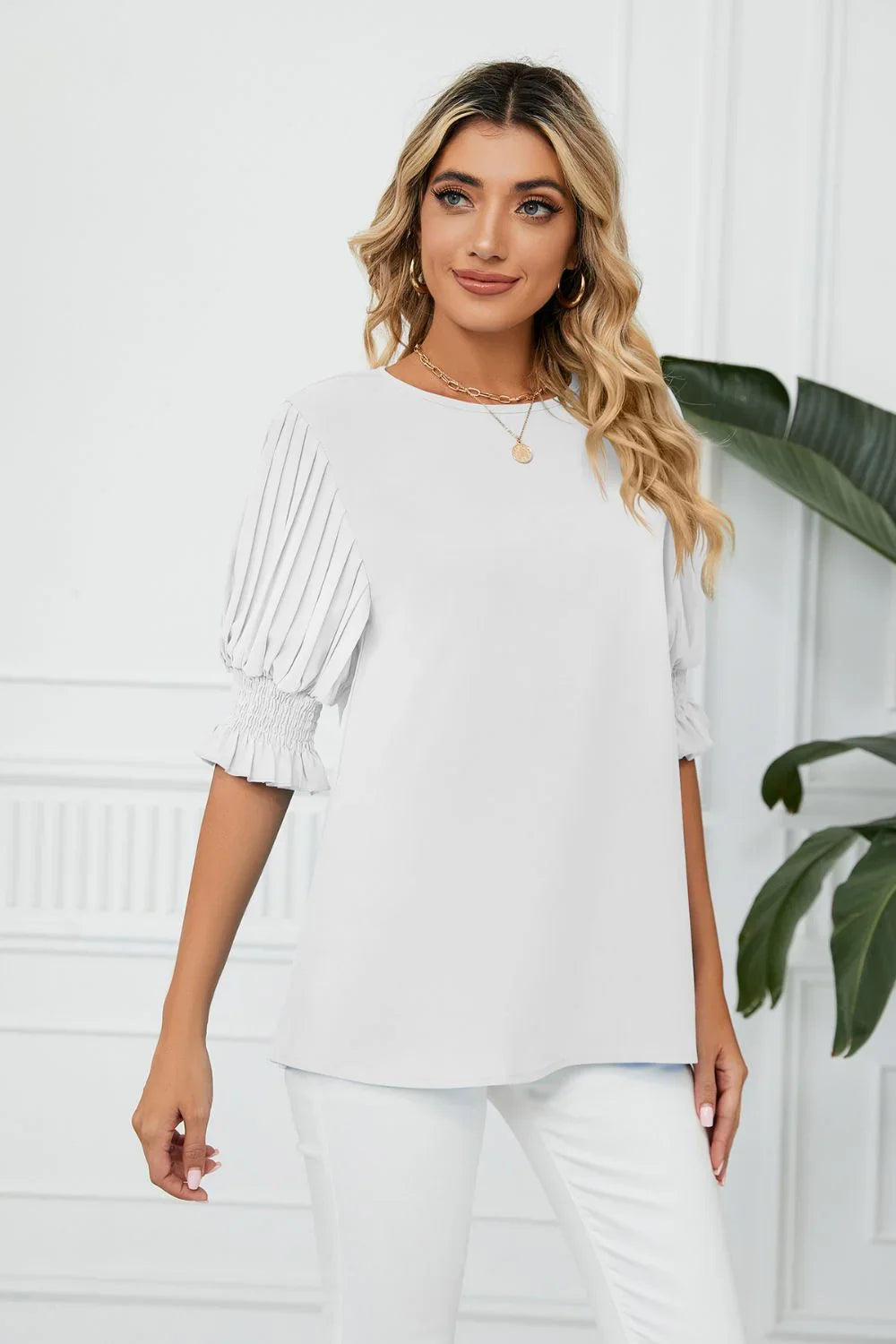 Pleated Flounce Sleeve Keyhole Blouse Polyester - Southern Shores Clothing