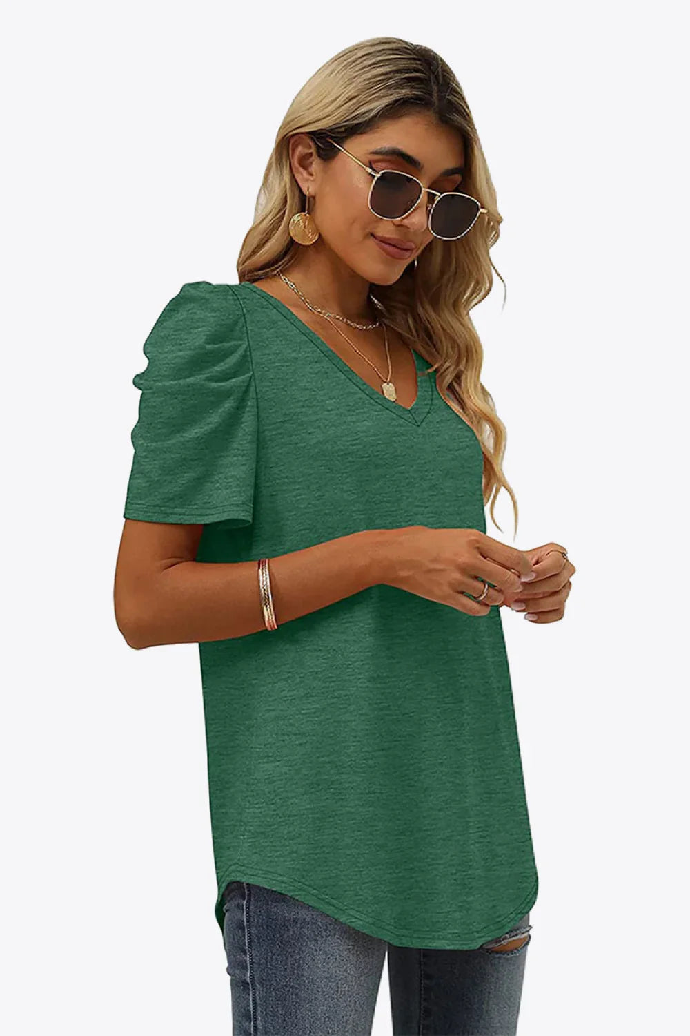 V-Neck Puff Sleeve Tee With Stretchy Fabric - Southern Shores Clothing