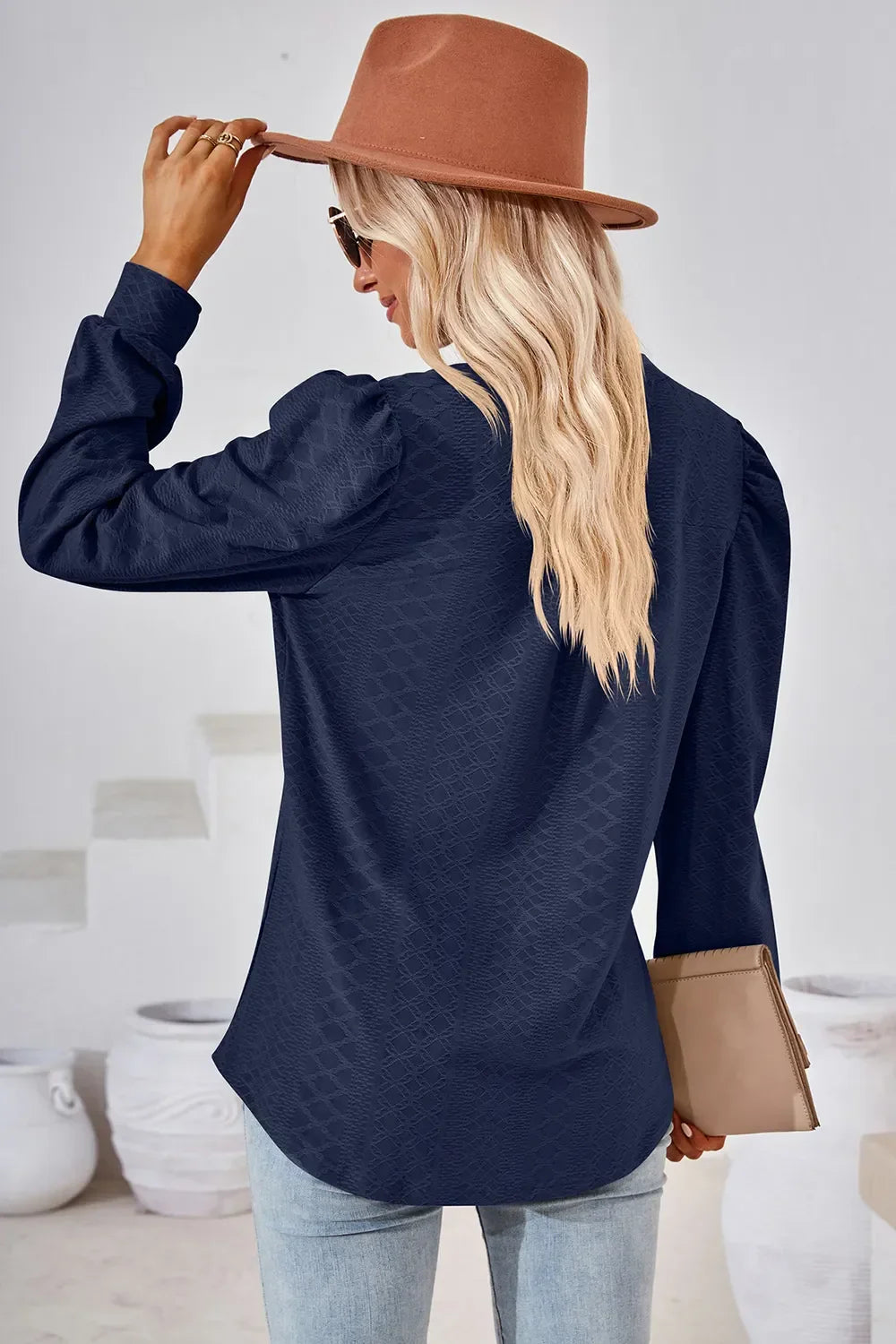 Notched Long Sleeve Top With Slightly Stretchy Fit - Southern Shores Clothing