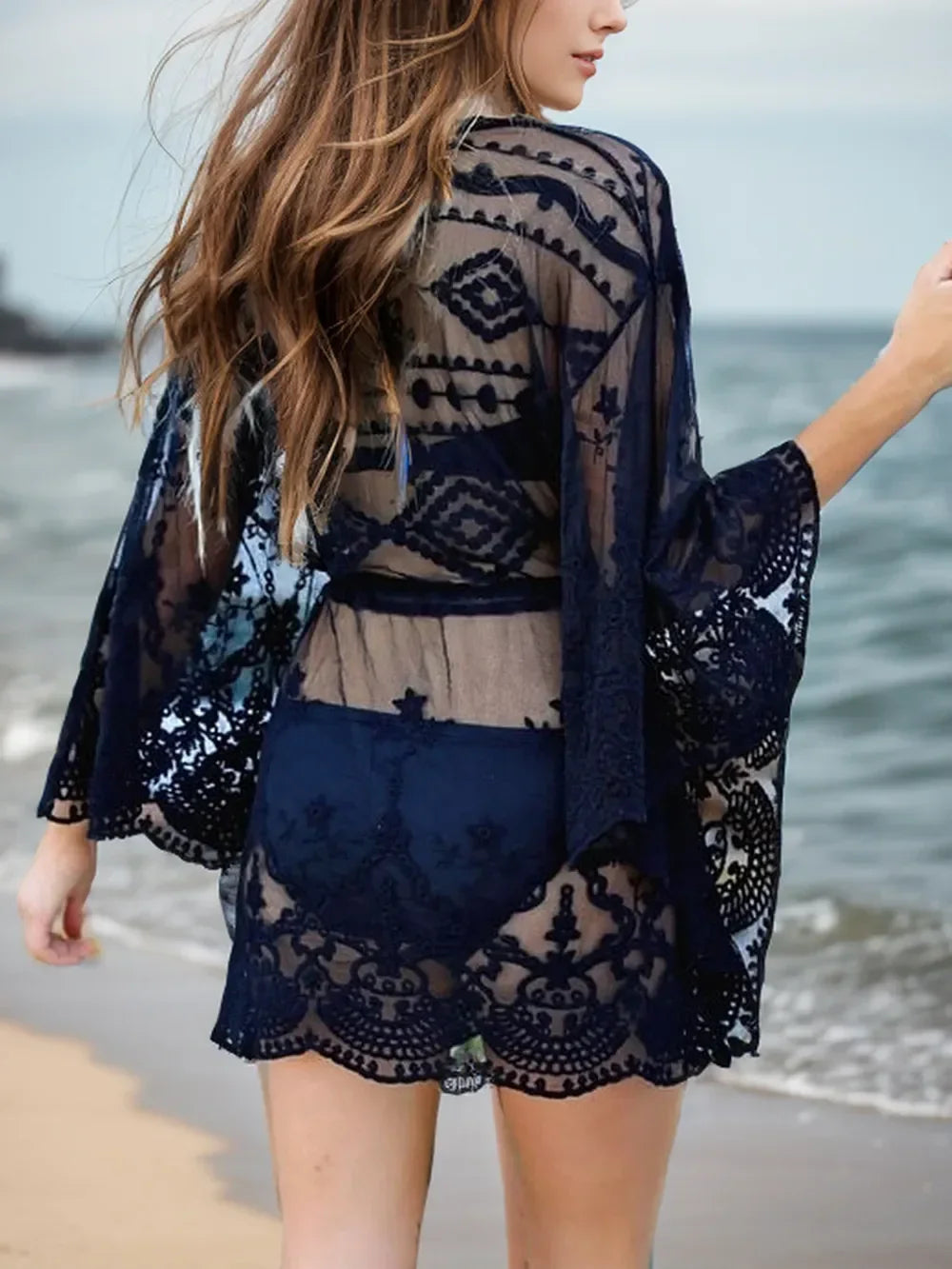 Lace V-Neck Three-Quarter Sleeve Cover Up One Size - Southern Shores Clothing