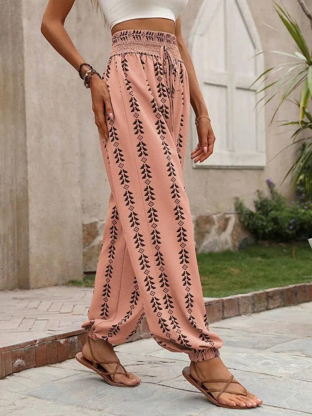 Tied Printed High Waist Wide Leg Pants With Drawstring Tie - Southern Shores Clothing