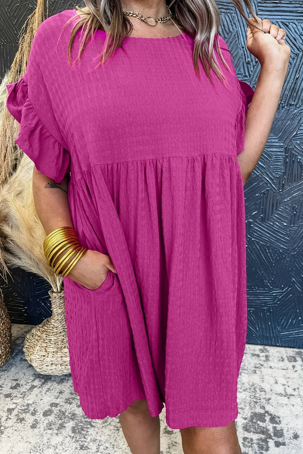 Round Neck Flounce Sleeve Mini Dress For Summer - Southern Shores Clothing