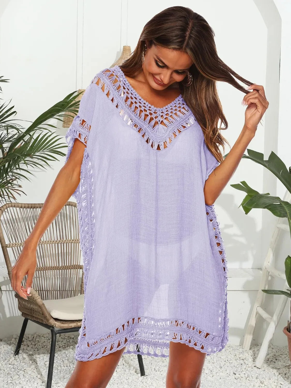Bohemian Crochet Trim Beach Cover-Up One Size - Southern Shores Clothing