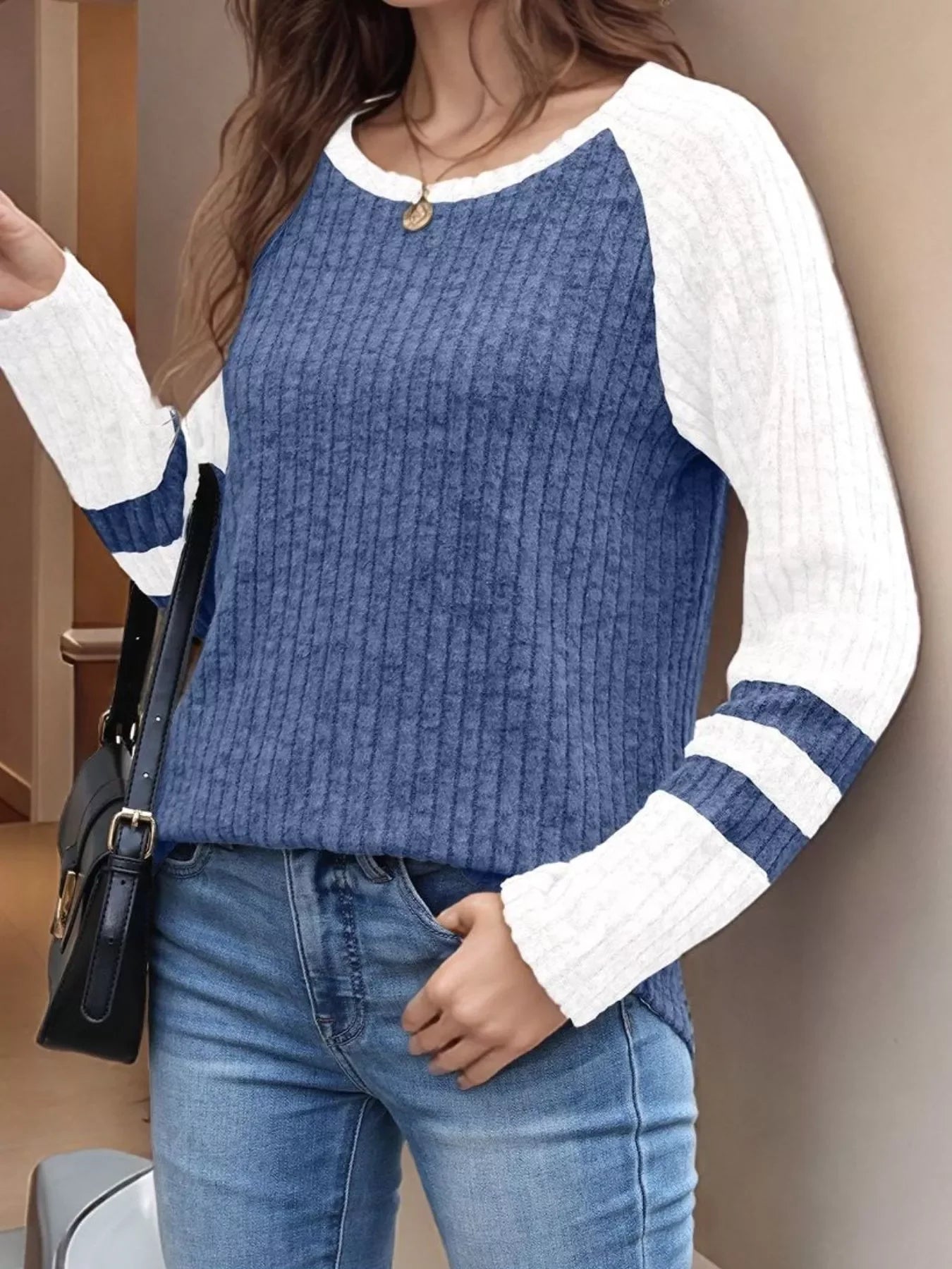 Ribbed Round Neck Raglan Sleeve Top - Southern Shores Clothing