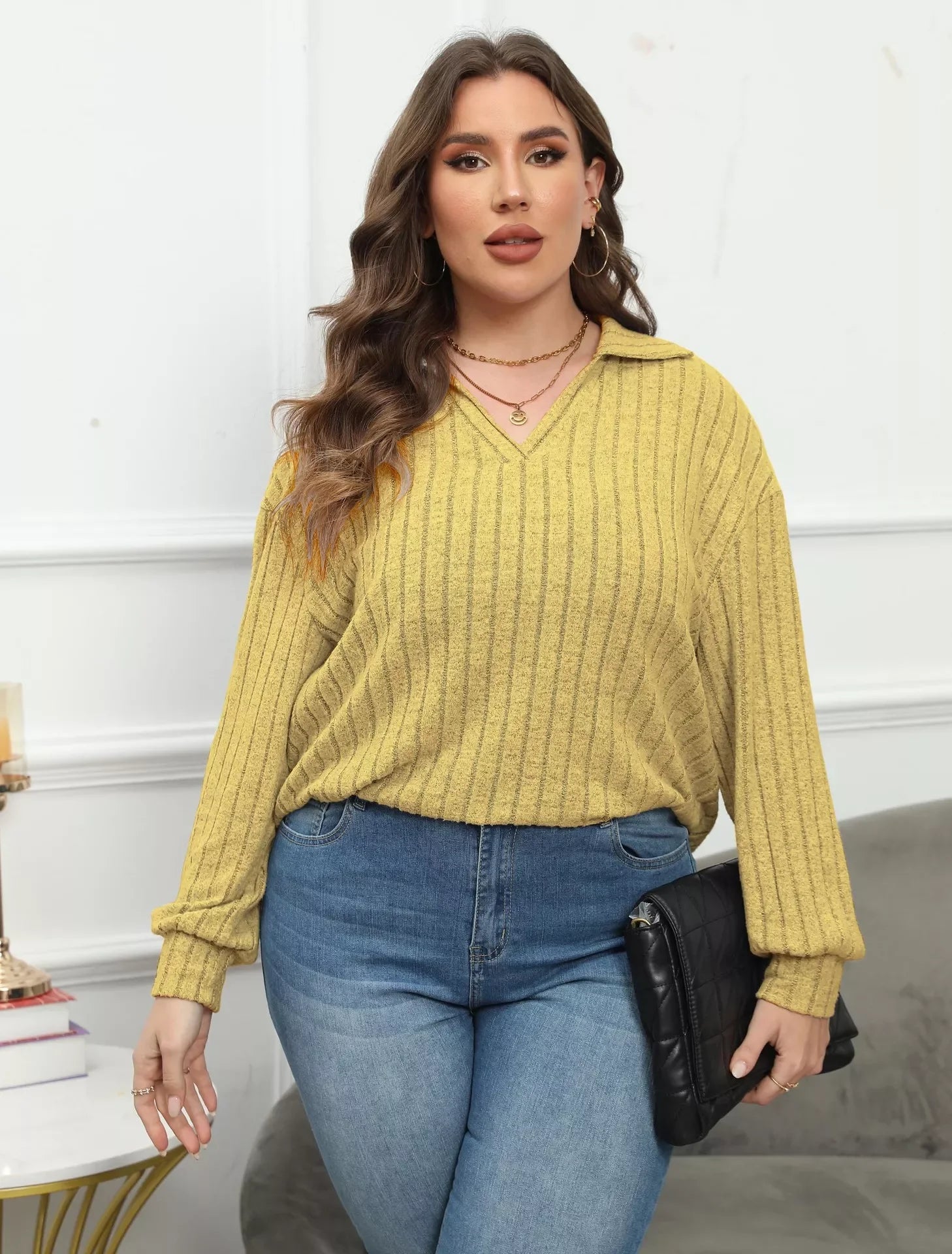 Plus Size Ribbed Knit Polo Collar T Shirt - Southern Shores Clothing