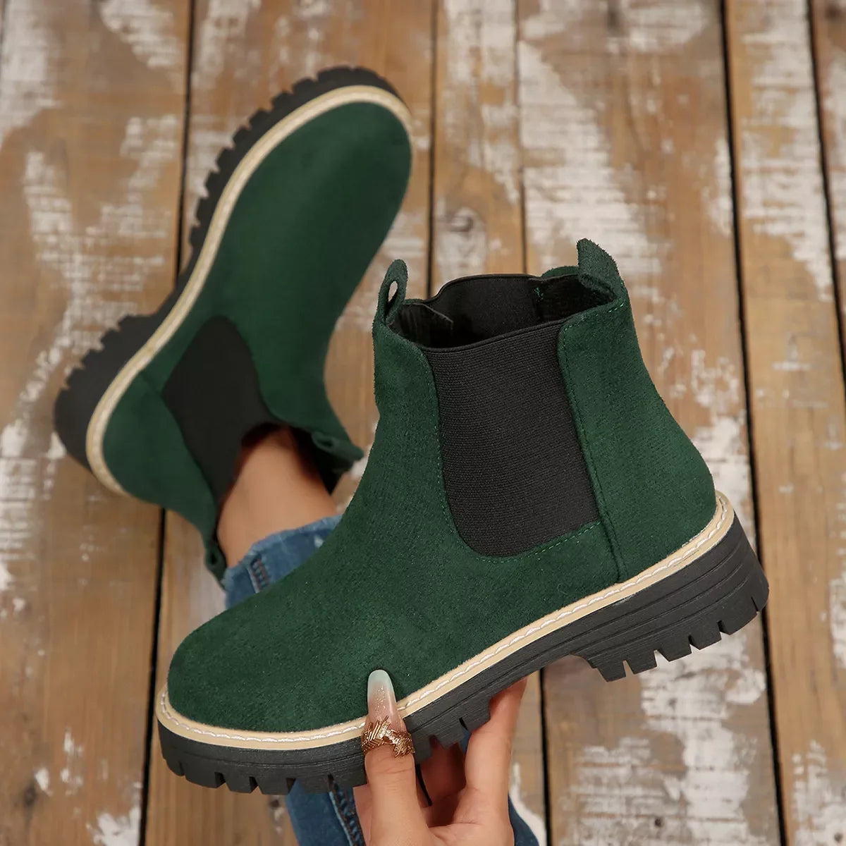 Round Toe Block Heel Boots Suede And Rubber - Southern Shores Clothing