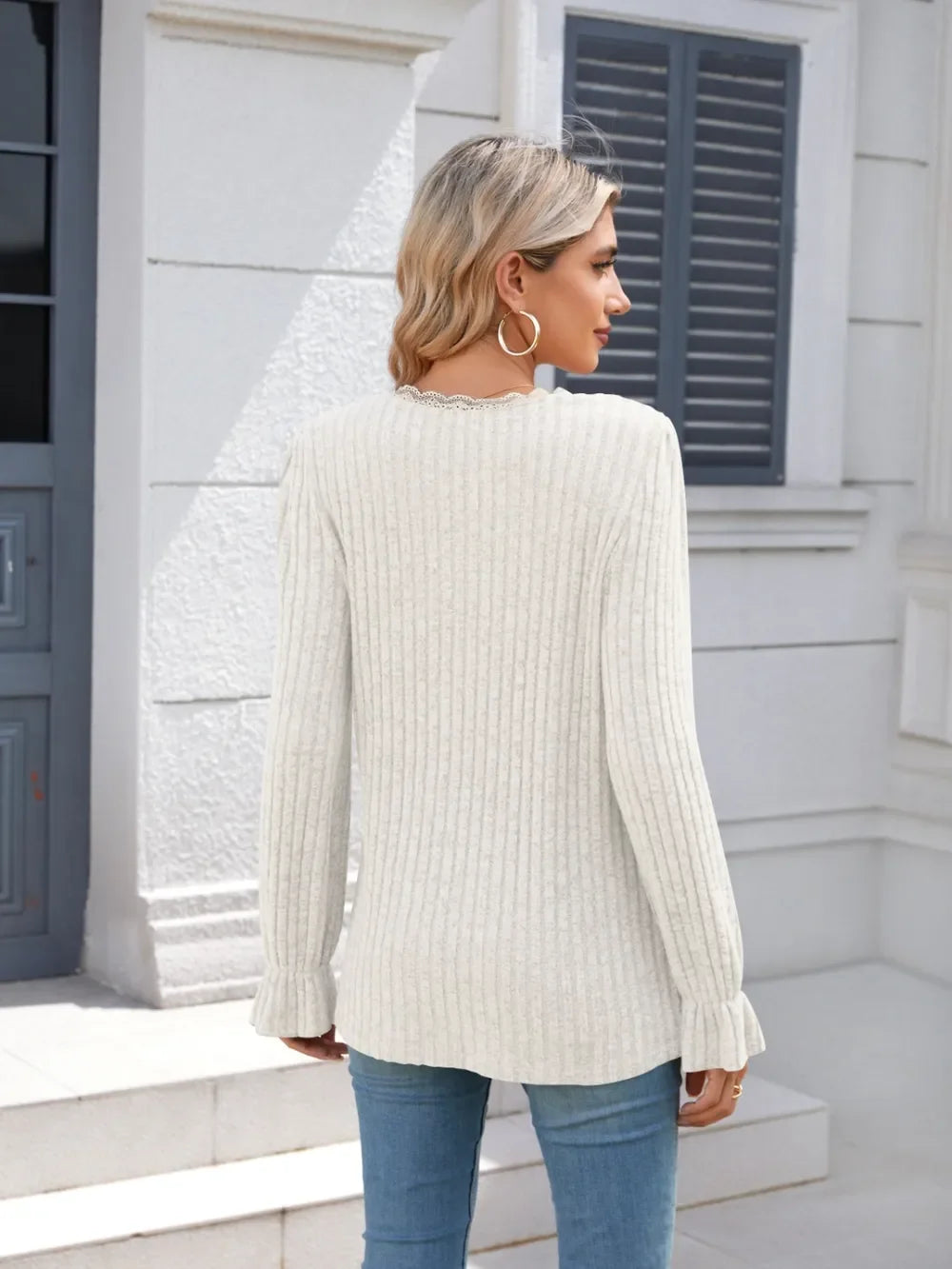 Lace Detail V-Neck Long Sleeve T-Shirt - Southern Shores Clothing