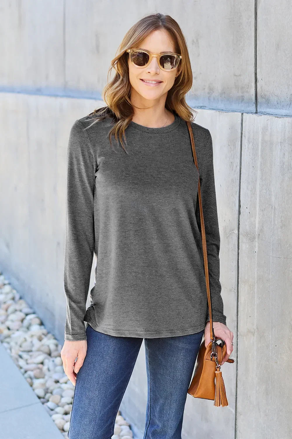 Basic Round Neck Long Sleeve Knit Top Silhouette - Southern Shores Clothing