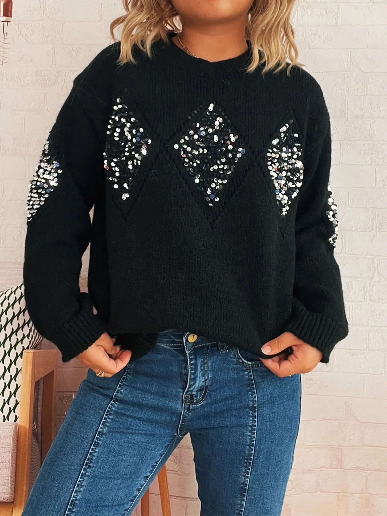 Sequined Diamond Pattern Oversized Sweater - Southern Shores Clothing