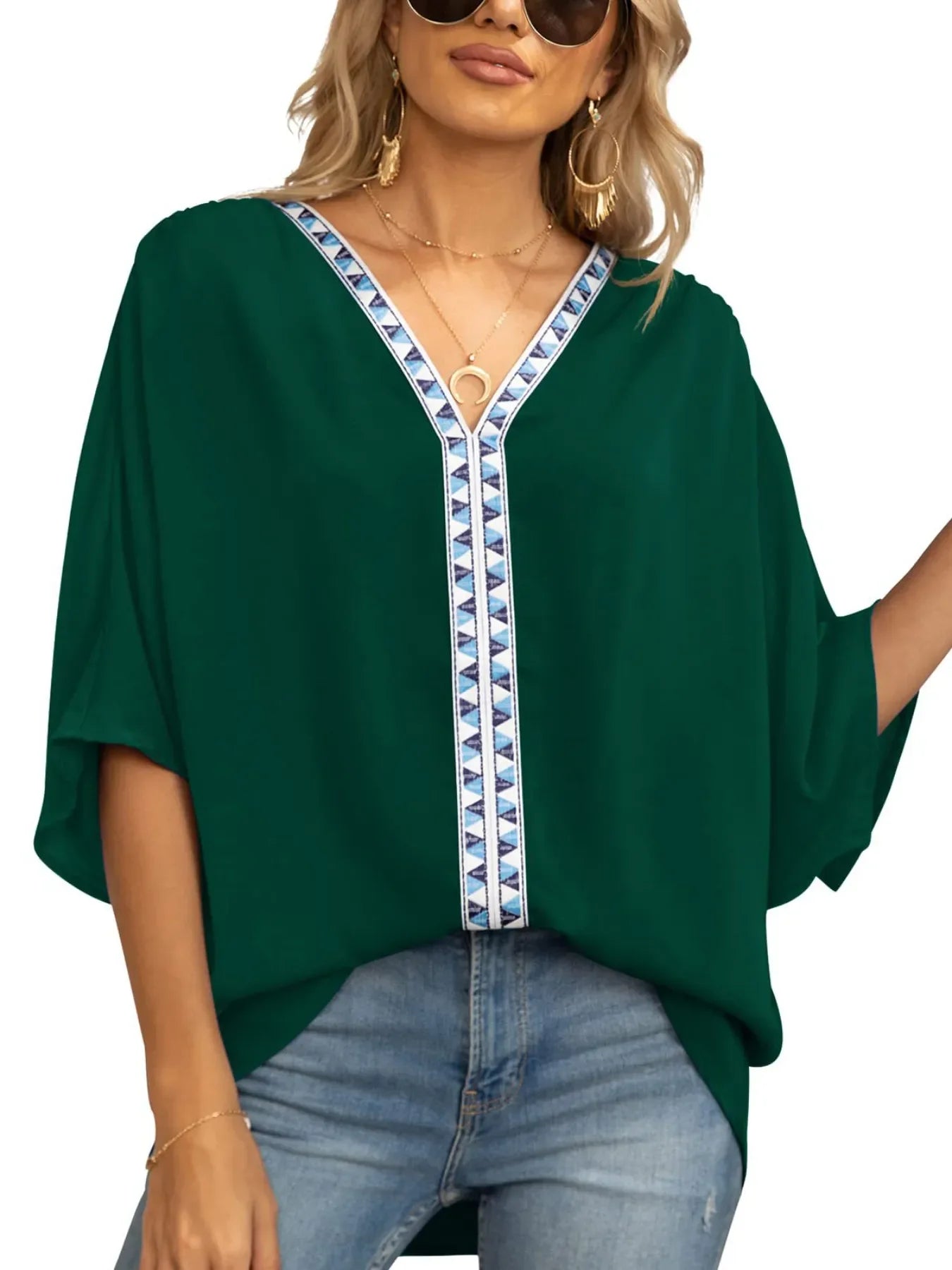 Printed Trim V-Neck Batwing Sleeve Blouse - Southern Shores Clothing