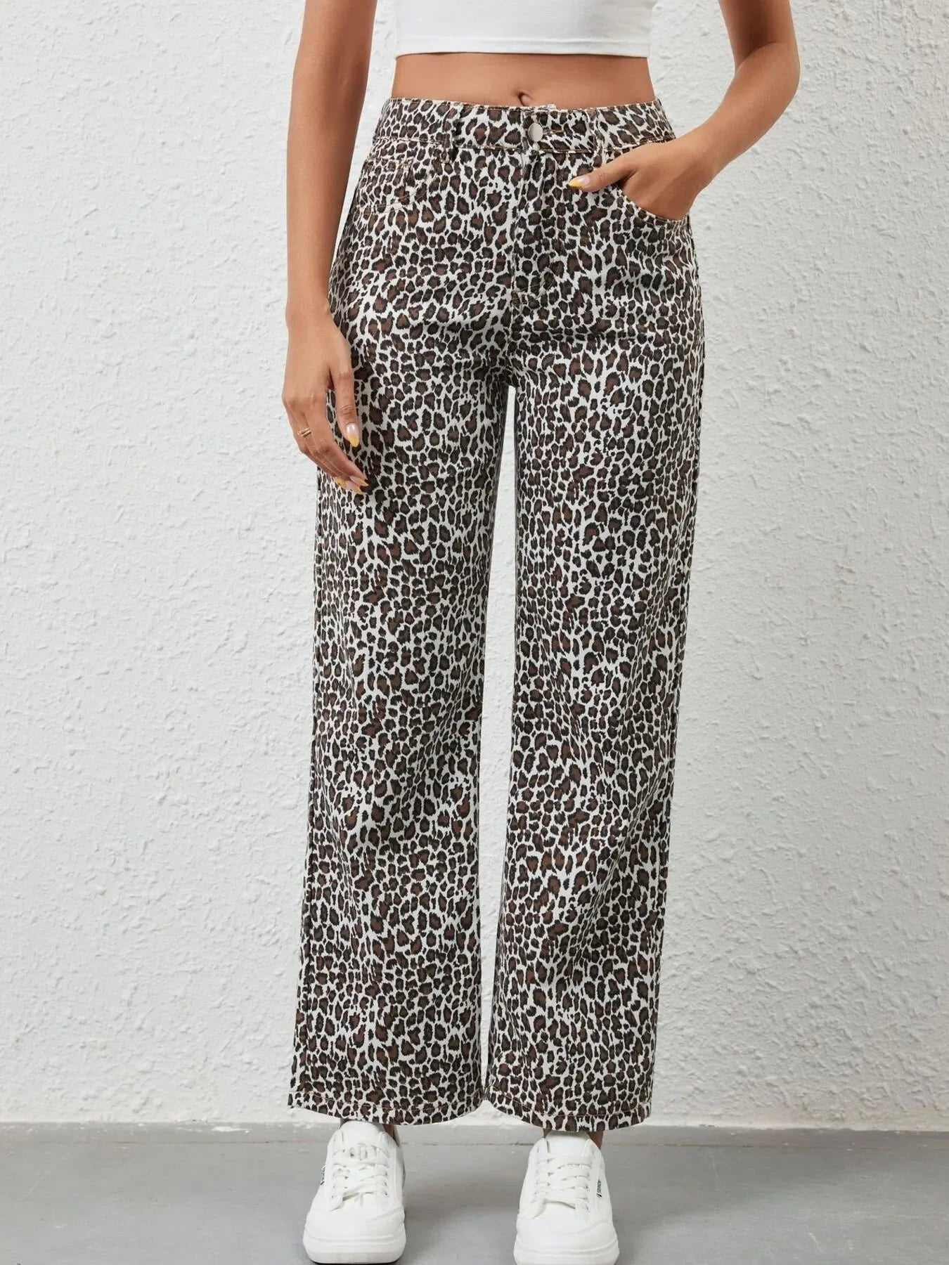 Leopard Print Wide Leg Denim Jeans With Stretch - Southern Shores Clothing