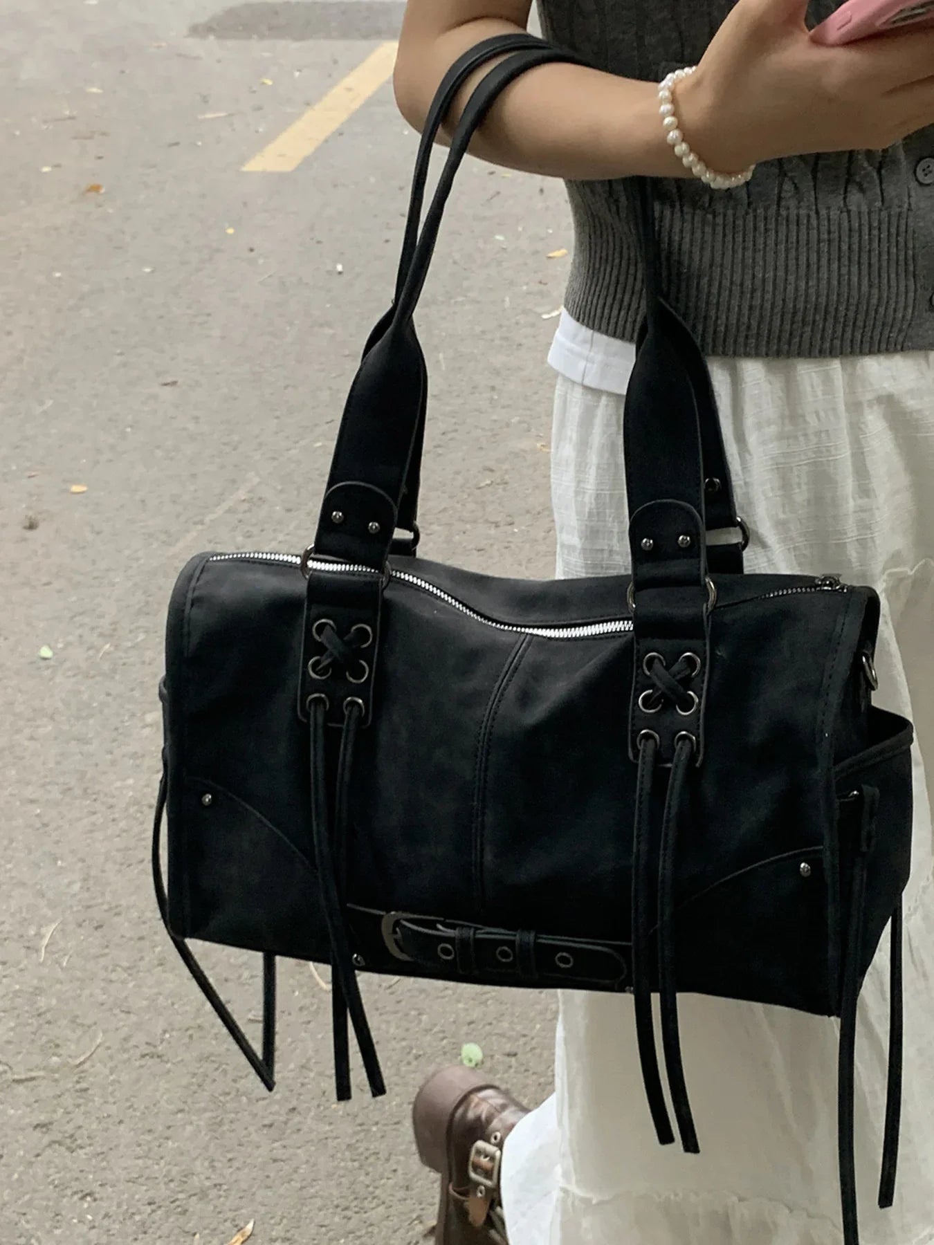 Lace-Up Shoulder Bag With Classic Design - Southern Shores Clothing