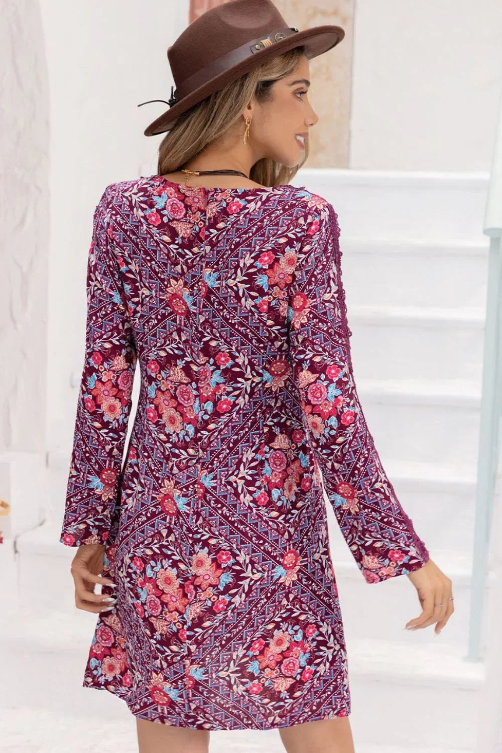 V-Neck Long Sleeve Printed Mini Dress - Southern Shores Clothing