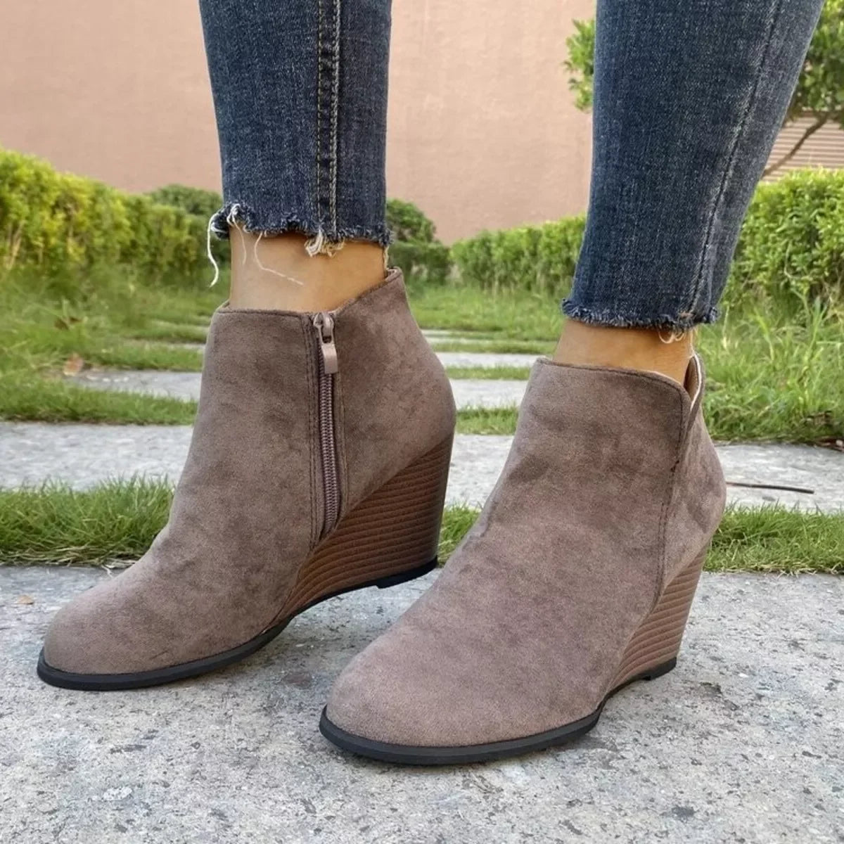 Suede Wedge Boots With Side Zipper Closure - Southern Shores Clothing