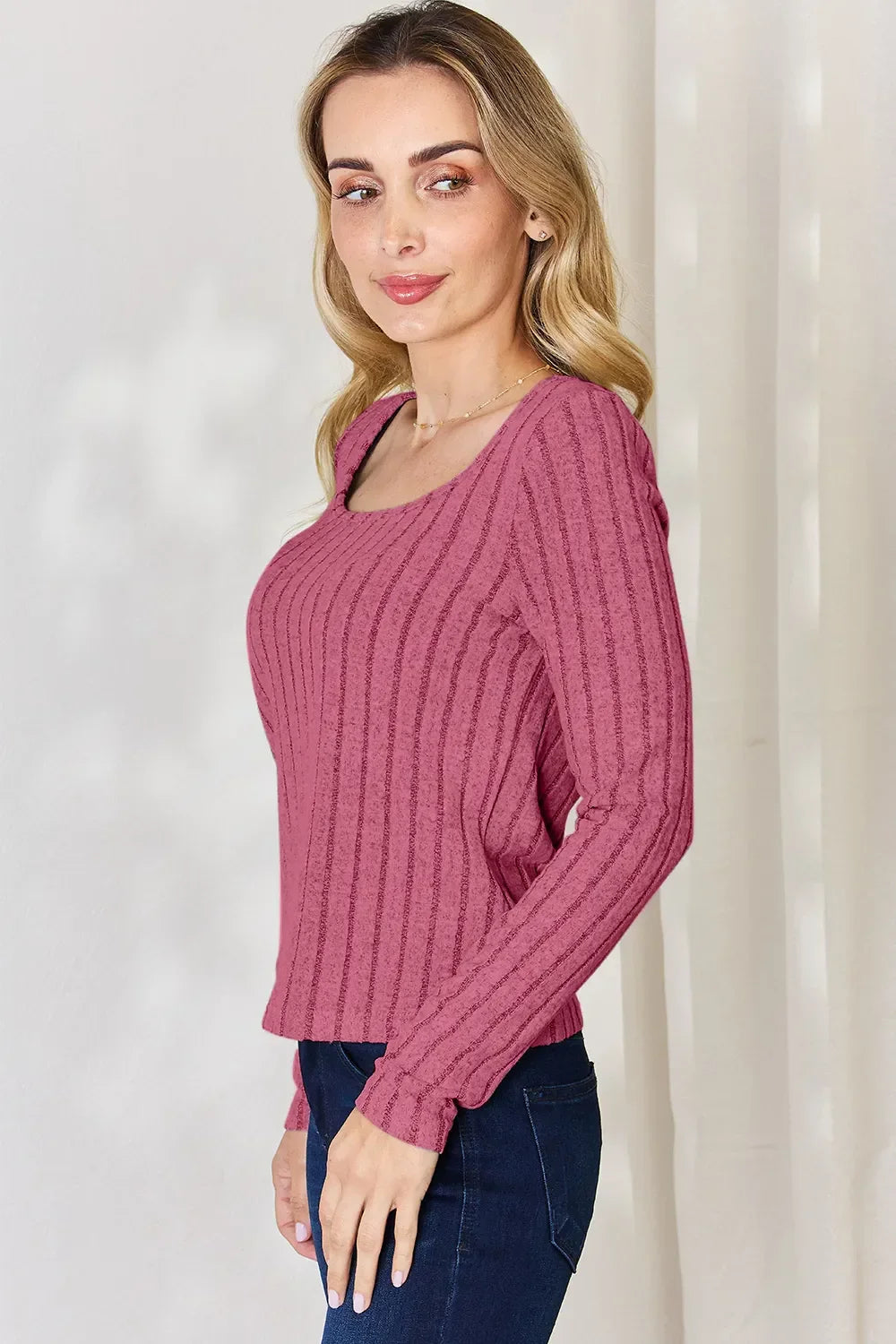 Ribbed Long Sleeve Top Stretch Knit Lightweight - Southern Shores Clothing