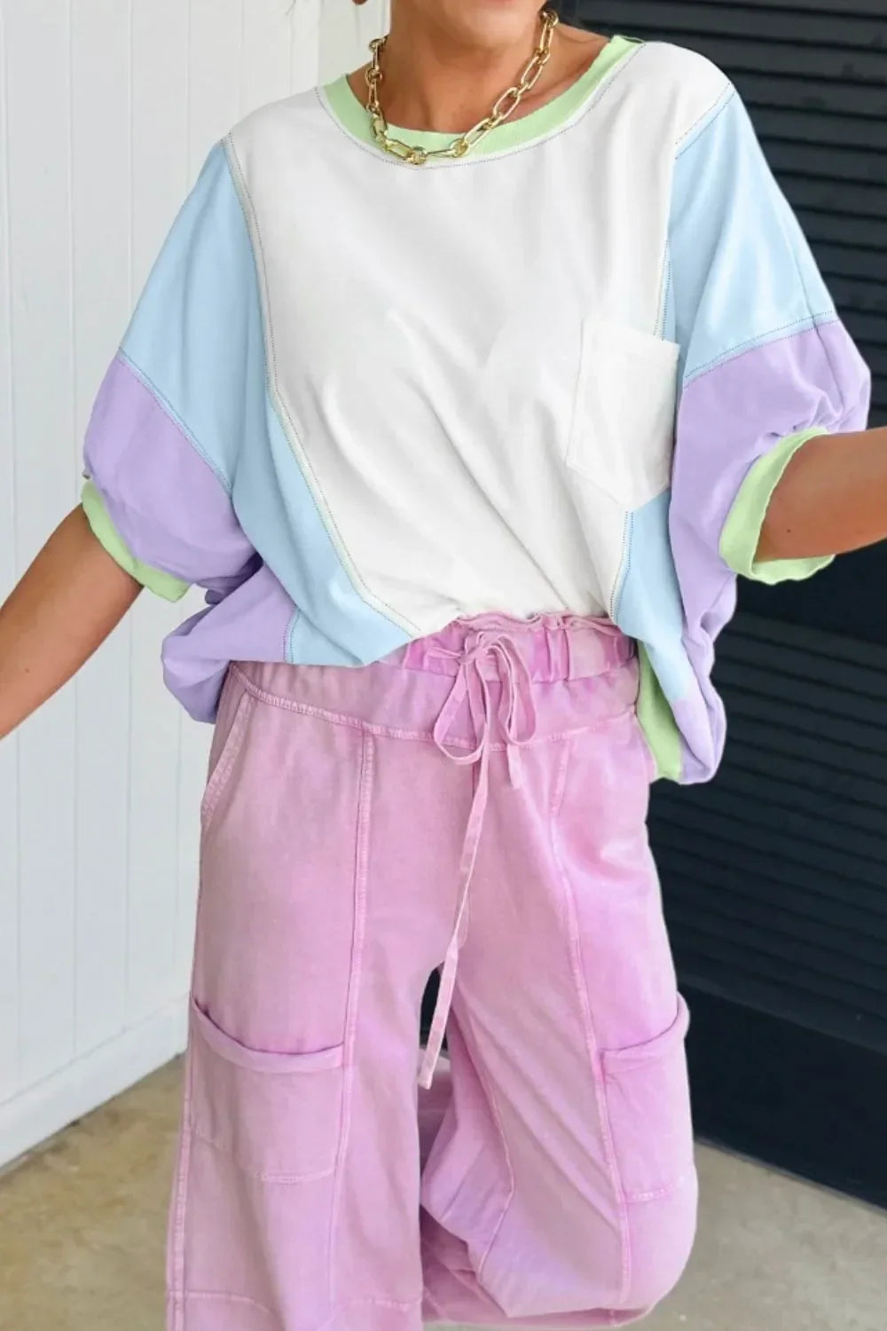 Block Patchwork Oversized Half Sleeve Relaxed T Shirt - Southern Shores Clothing