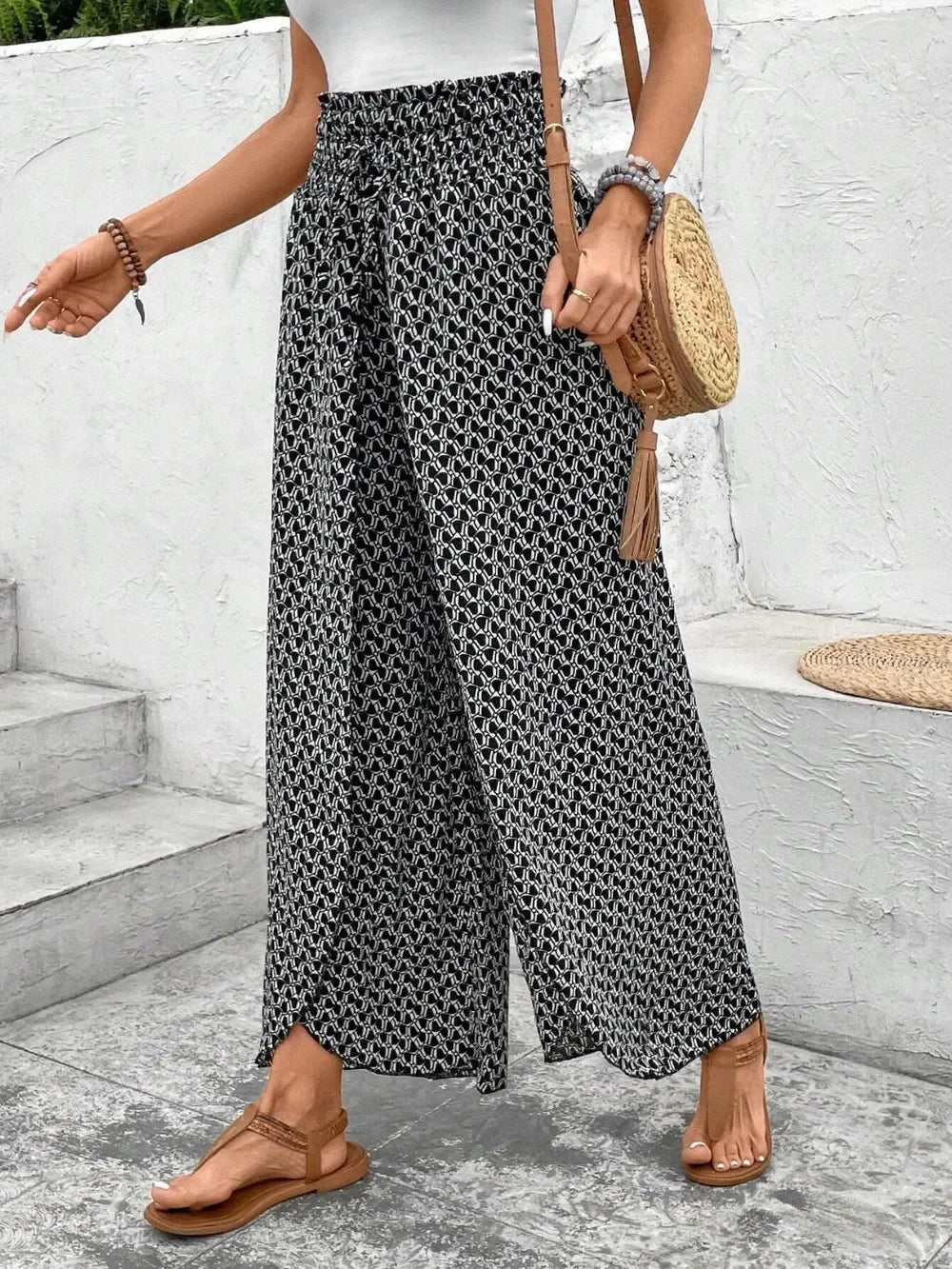 Floral Print Tie-Waist Wide Leg Pants With Front Slit Detail - Southern Shores Clothing