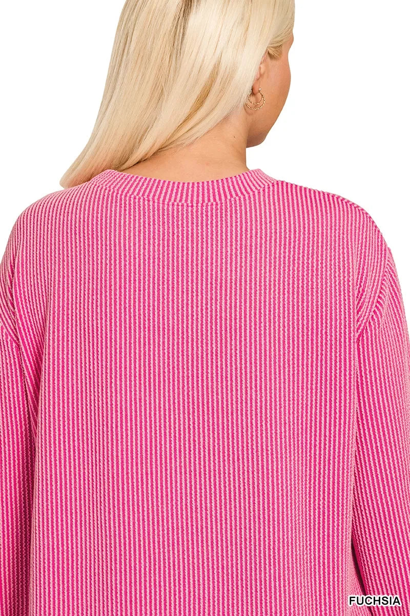 Raised Rib Round Neck Long Sleeve Top Plus Size - Southern Shores Clothing