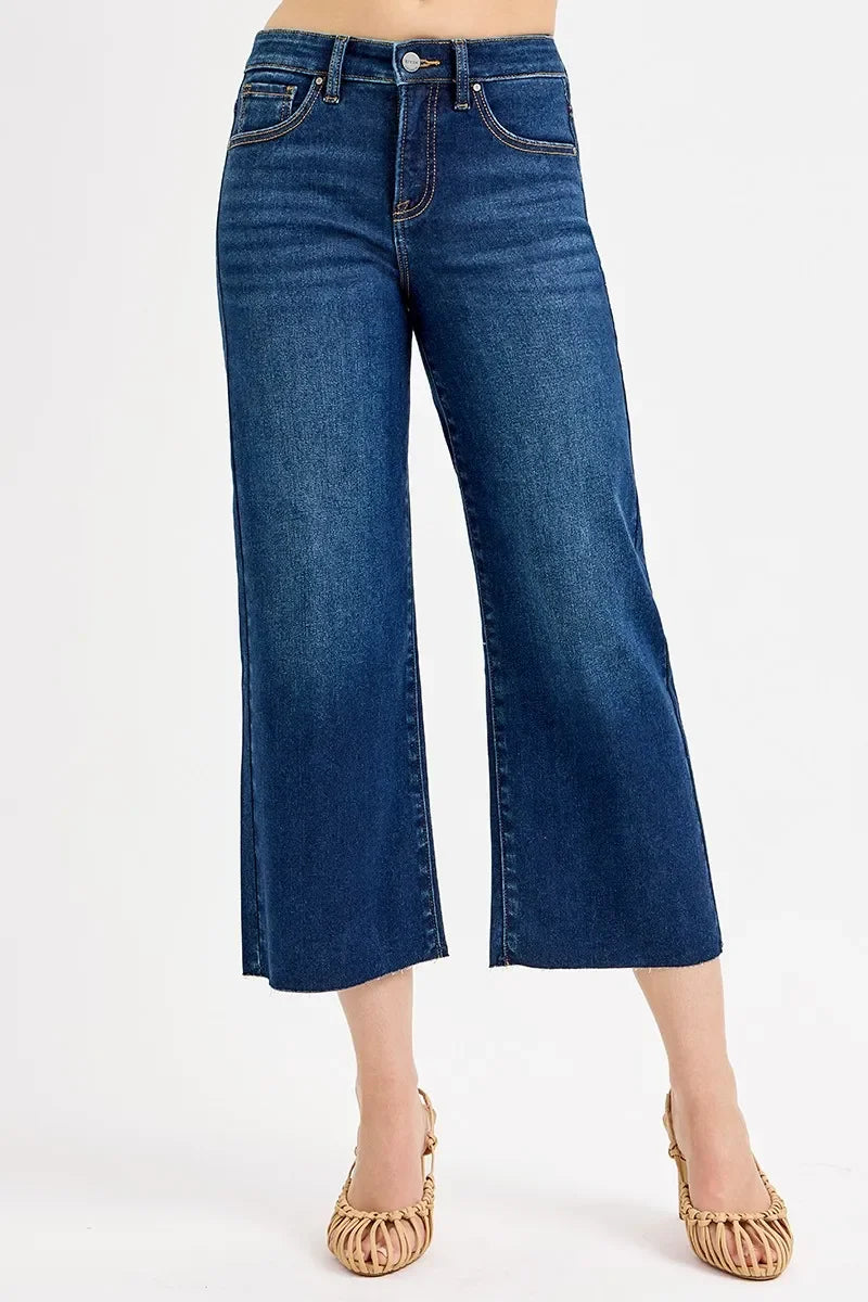 Plus Size High Rise Crop Wide Denim Jeans Tummy Control - Southern Shores Clothing