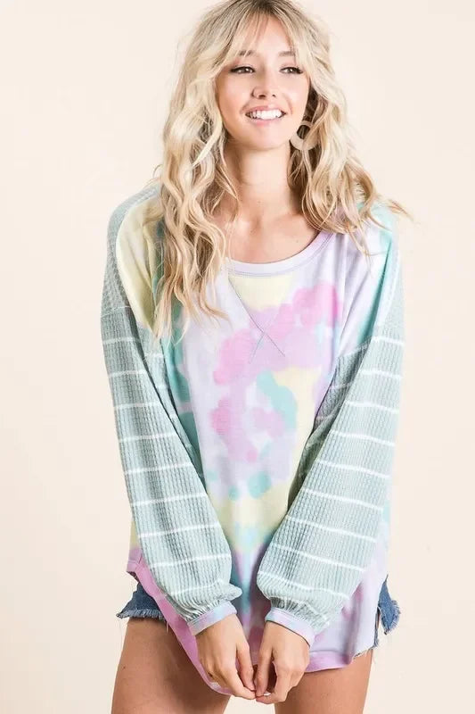 Tie Dye Terry Top With Wide Stripe Thermal Waffle - Southern Shores Clothing