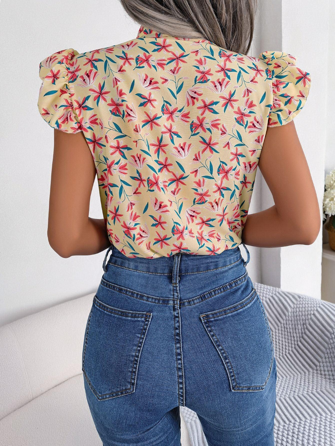 Floral Printed Tie Neck Flutter Sleeve Blouse Polyester - Southern Shores Clothing