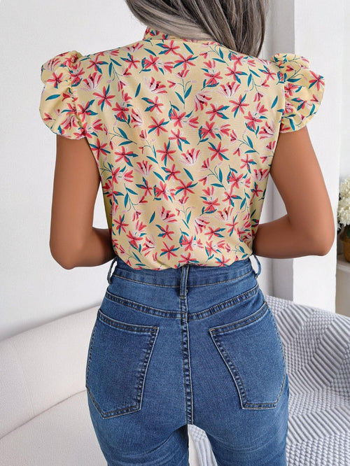Floral Printed Tie Neck Flutter Sleeve Blouse Polyester - Southern Shores Clothing