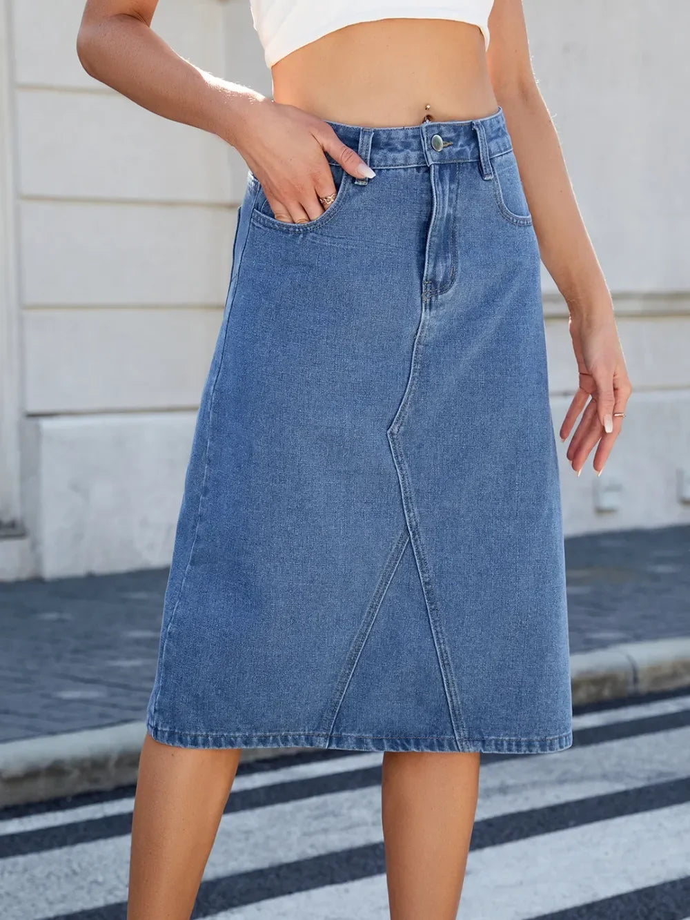 Relaxed Fit Denim Midi Skirt With Slit Back - Southern Shores Clothing