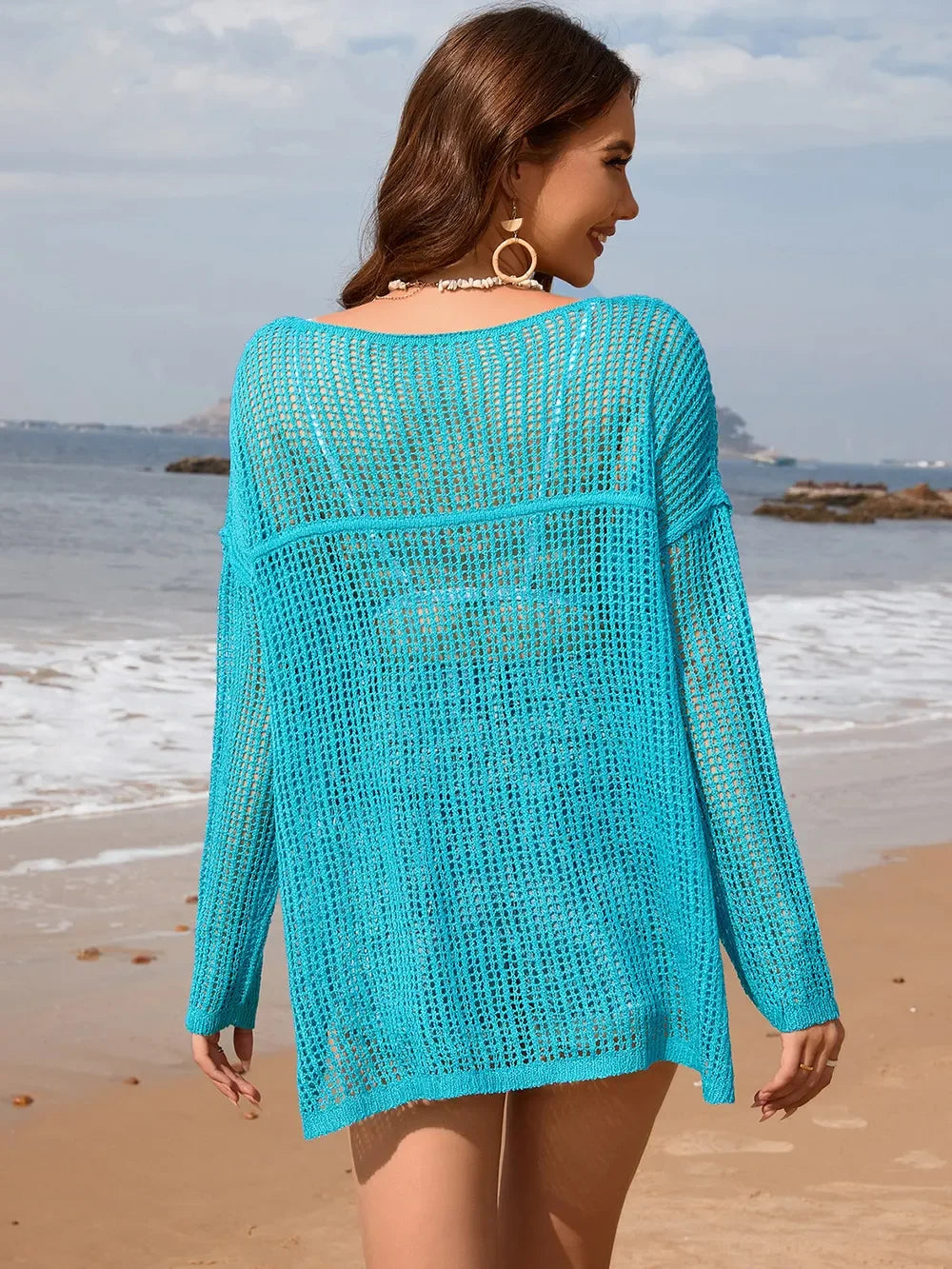 Openwork Slit Boat Neck Long Sleeve Cover-Up - Southern Shores Clothing