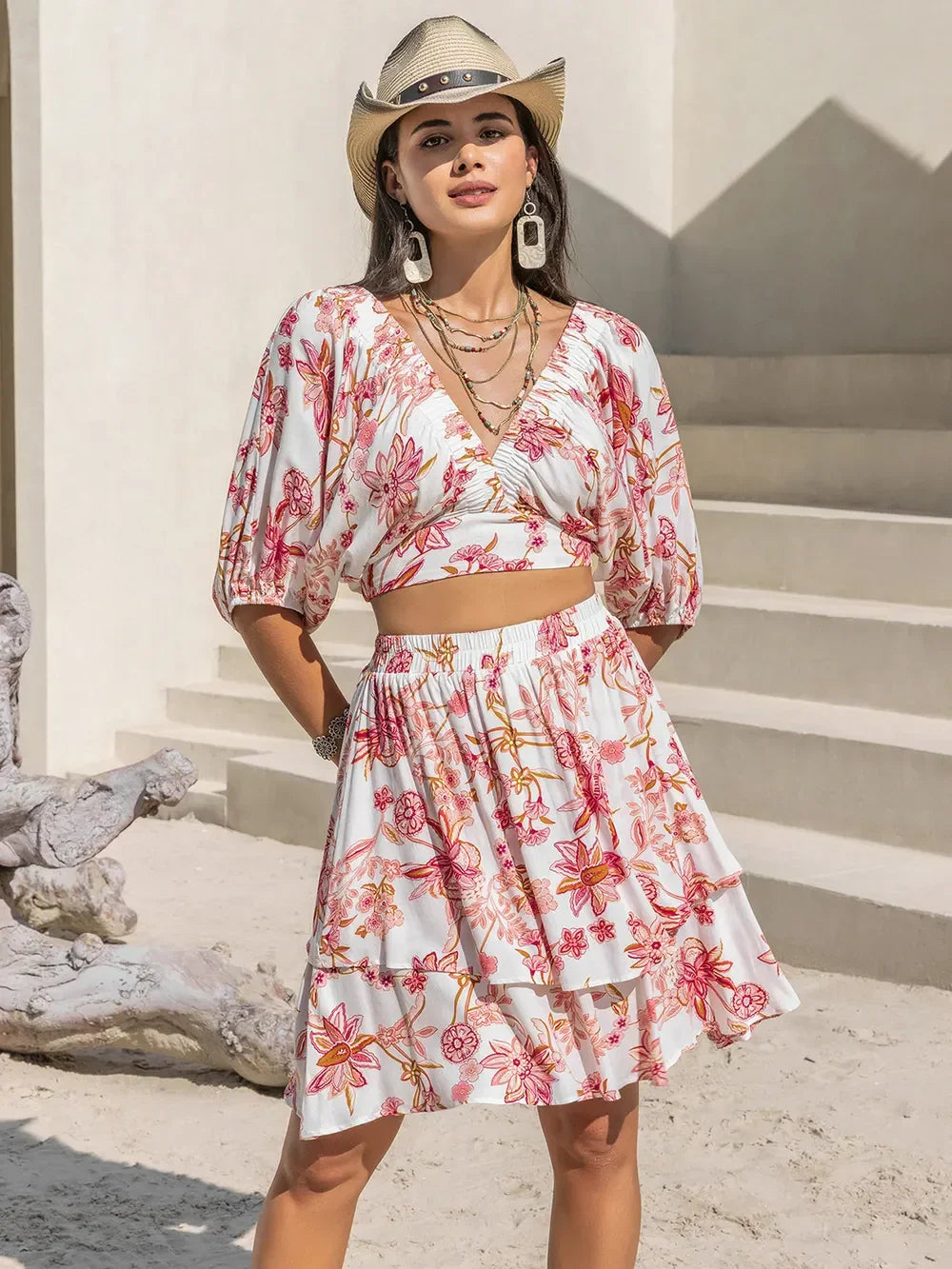 Floral Print Two Piece Half Sleeve Top and Layered Skirt Set - Southern Shores Clothing