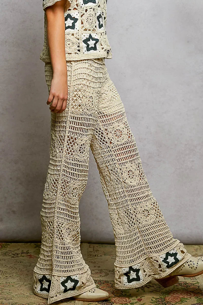 Openwork Crochet Flare Pants With Contrast Star - Southern Shores Clothing