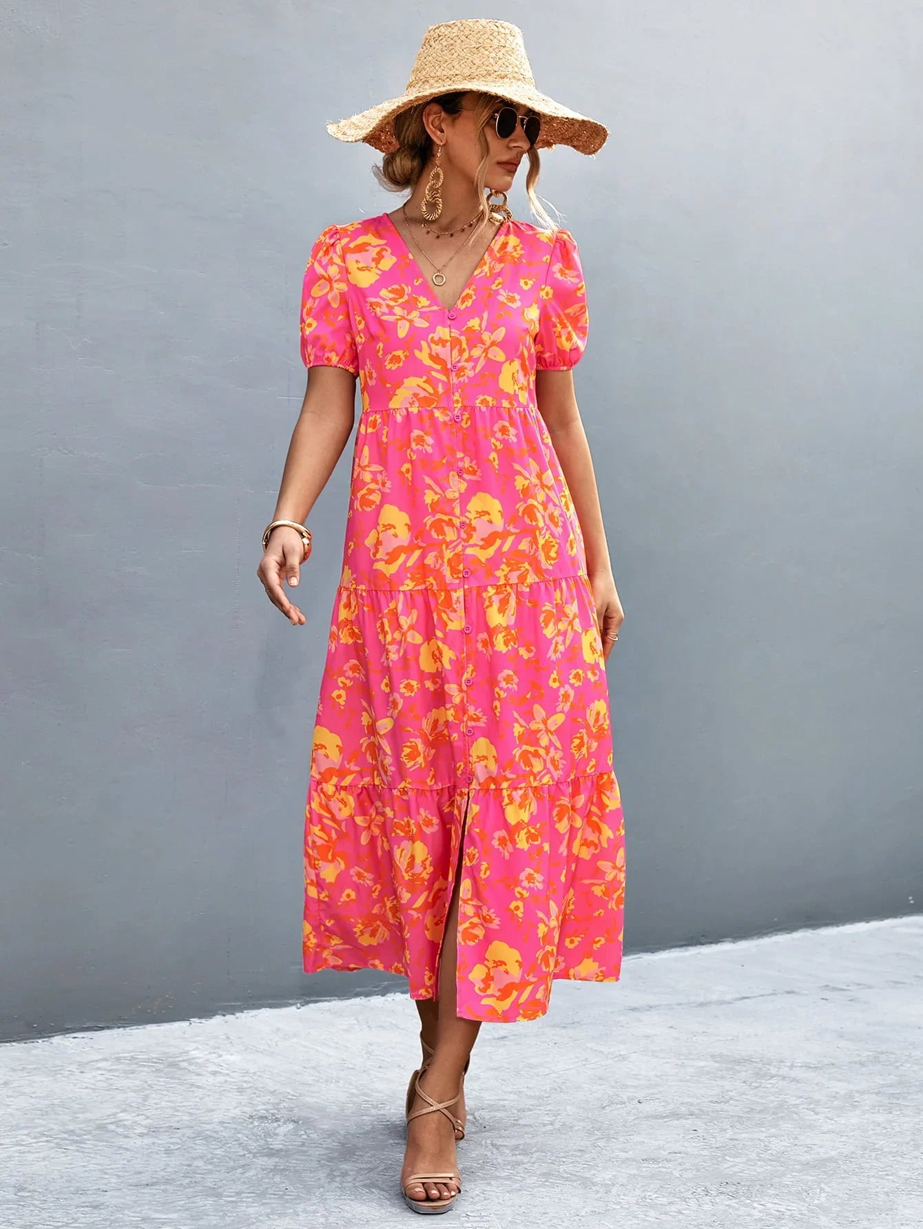 V-Neck Short Sleeve High Slit Midi Dress - Southern Shores Clothing