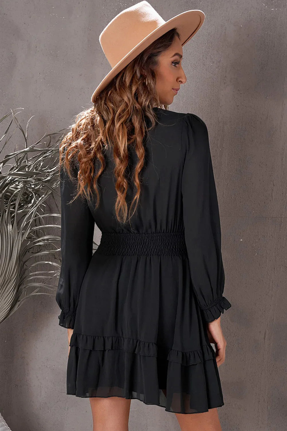 Tied Plunge Smocked Waist Flounce Sleeve Dress - Southern Shores Clothing