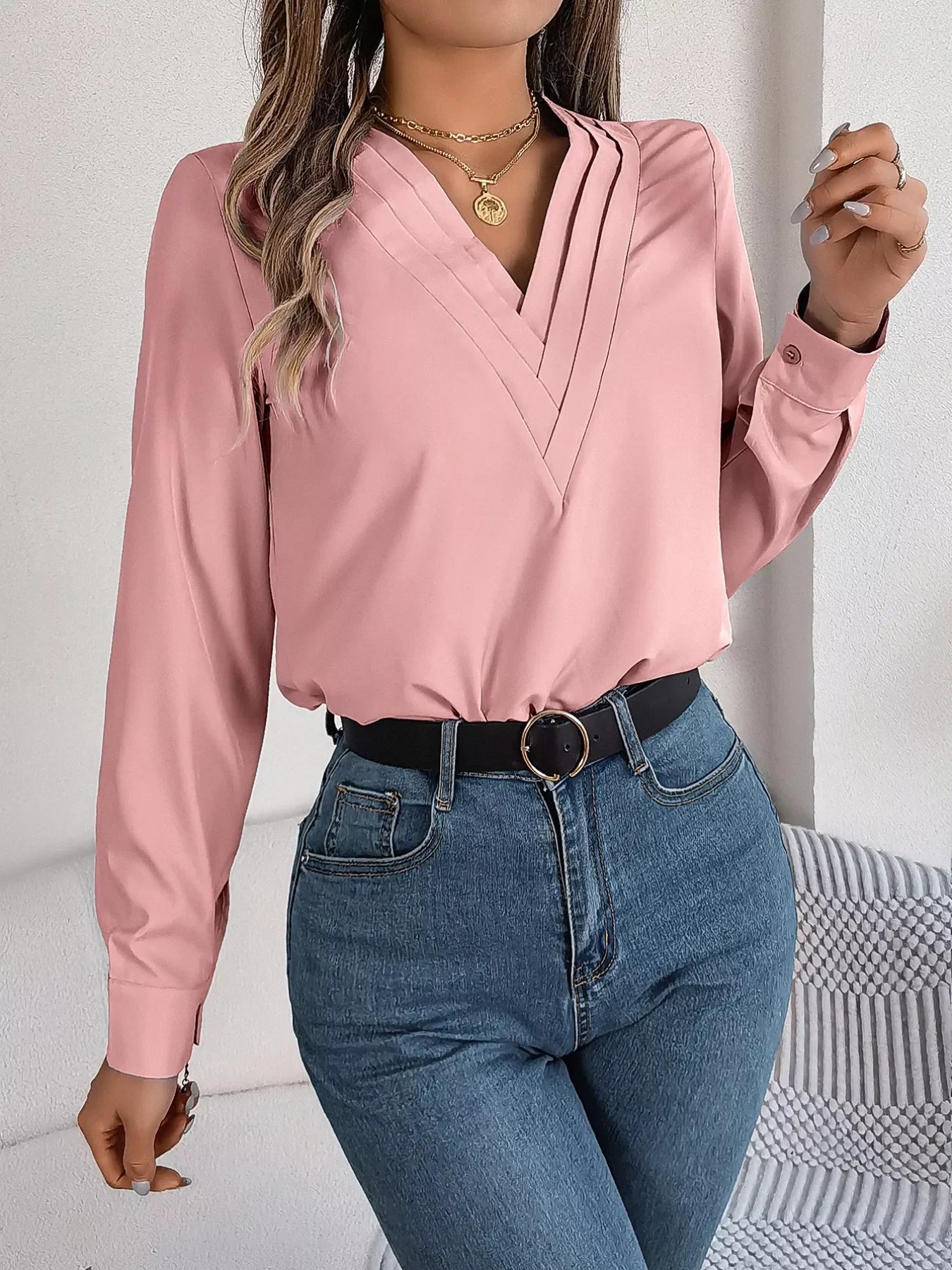 Layered V-Neck Long Sleeve Polyester Blouse - Southern Shores Clothing