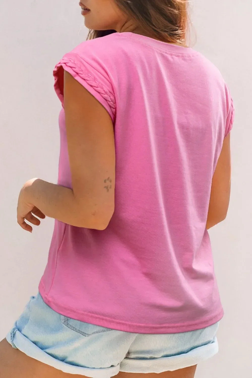 Slightly Stretchy Braided Cap Sleeve Crew Neck T Shirt - Southern Shores Clothing