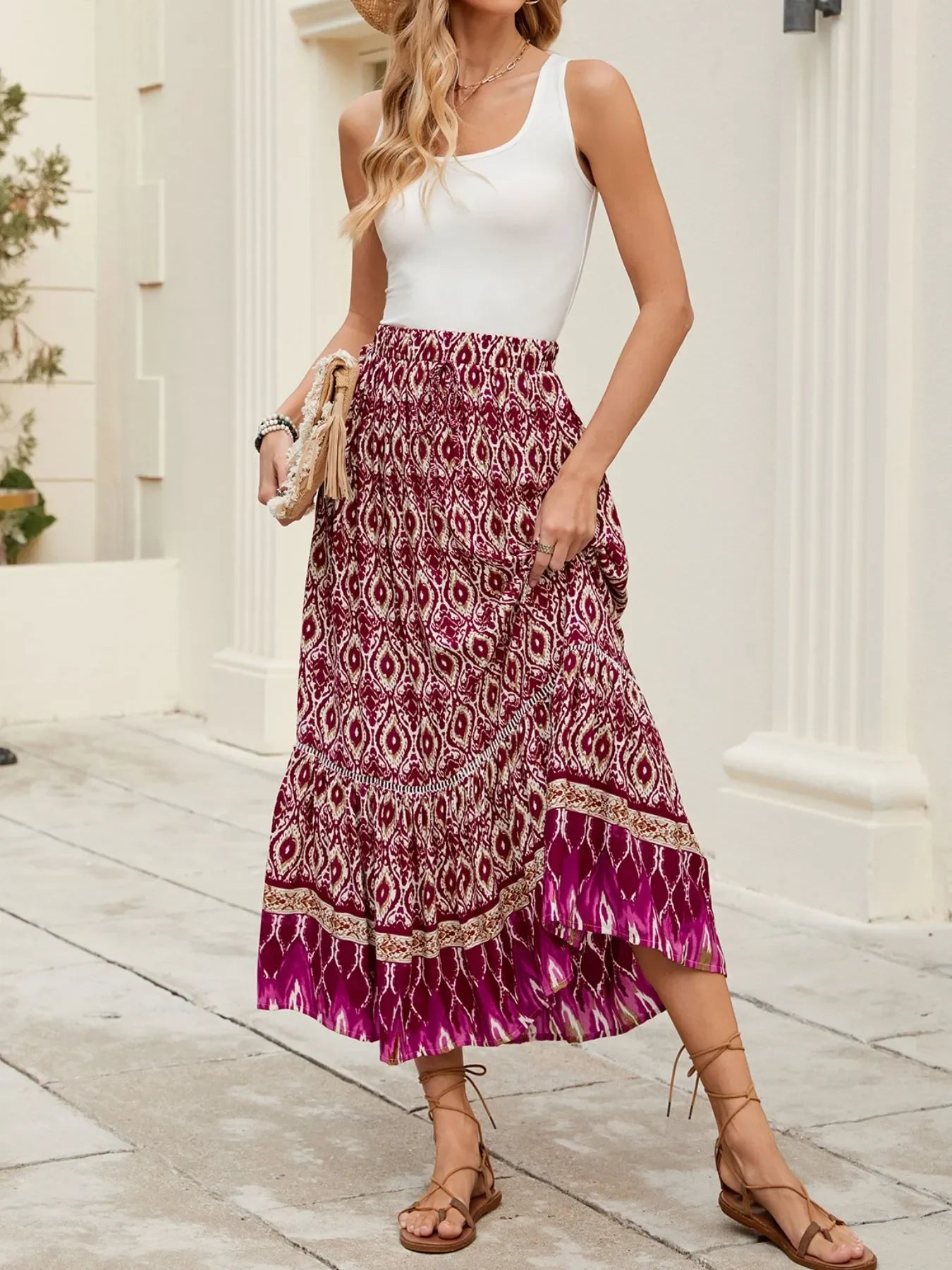 Bohemian Printed Ruched Maxi Skirt Flowing - Southern Shores Clothing