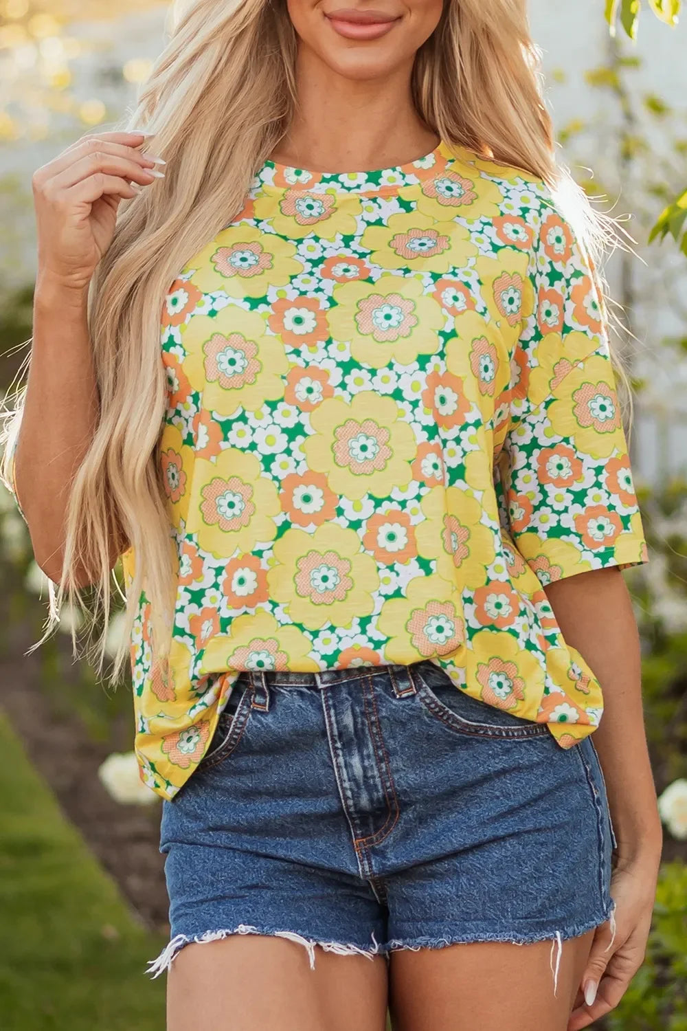 Floral Print Round Neck Oversized T Shirt - Southern Shores Clothing