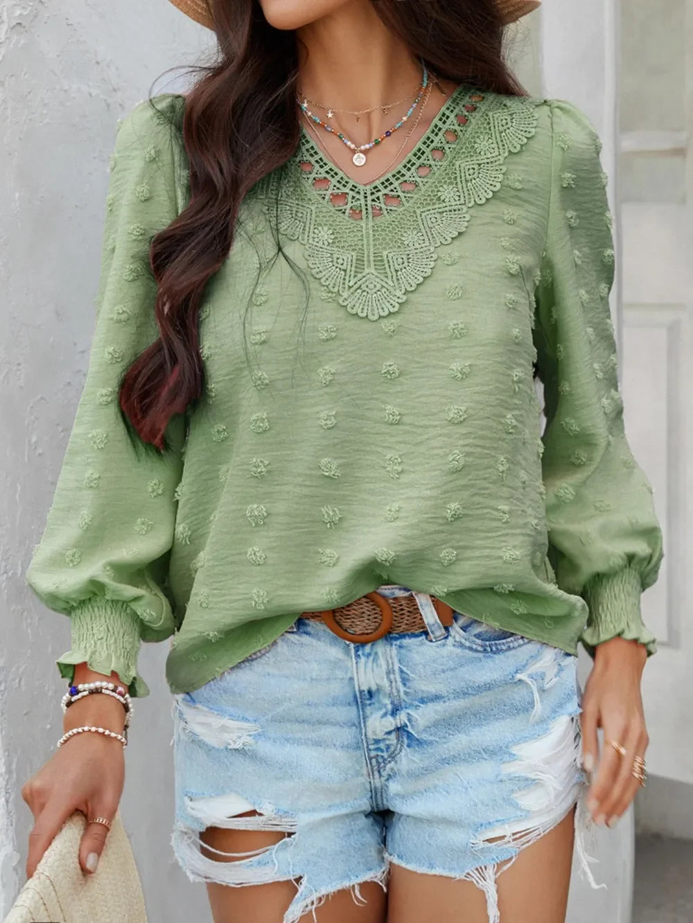 Swiss Dot Lace Detail V-Neck Long Sleeve Blouse - Southern Shores Clothing