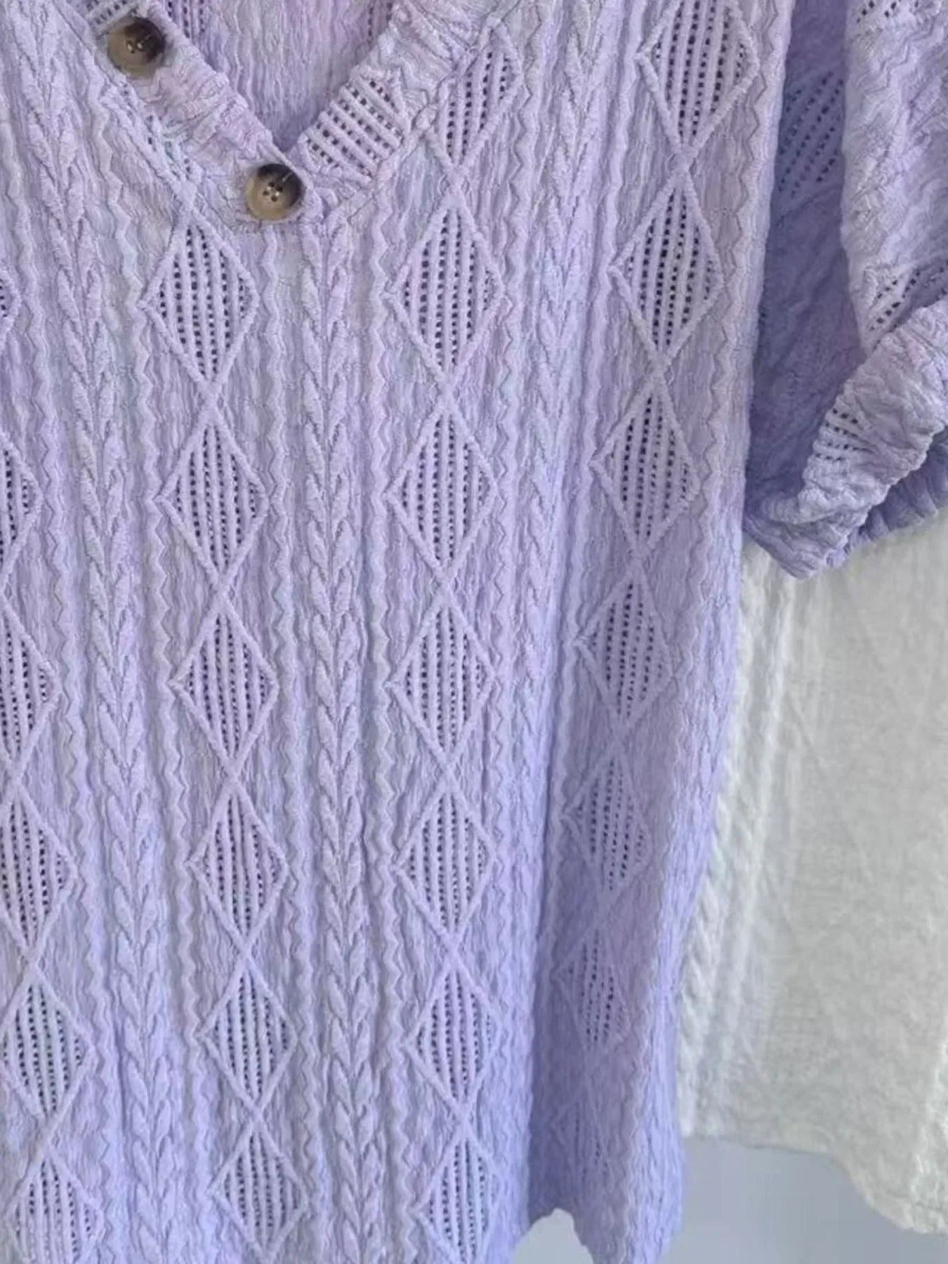 Textured V-Neck Short Sleeve Buttoned Top With Openwork - Southern Shores Clothing