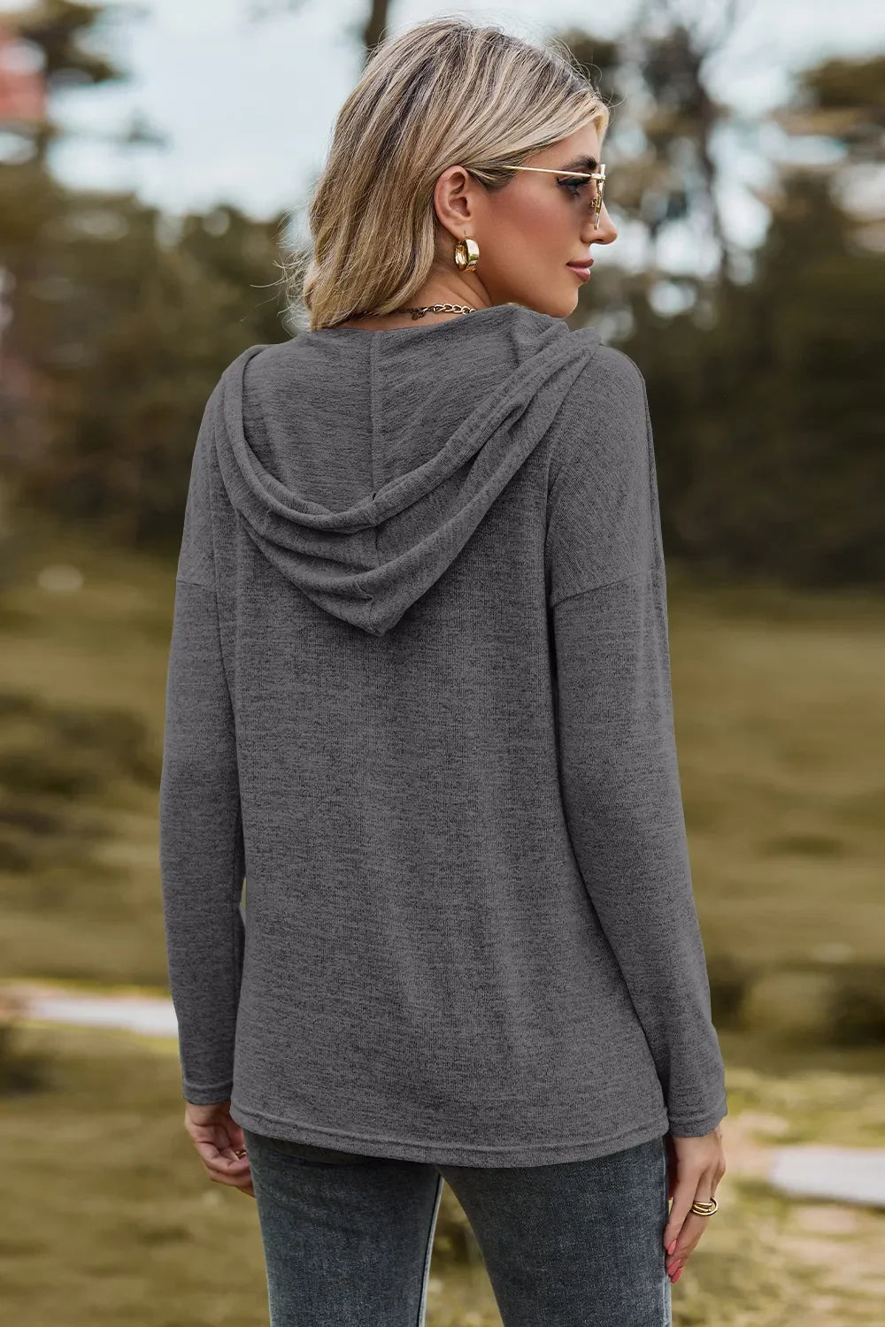 Hooded Drawstring T Shirt With Dropped Shoulder Stretchy - Southern Shores Clothing