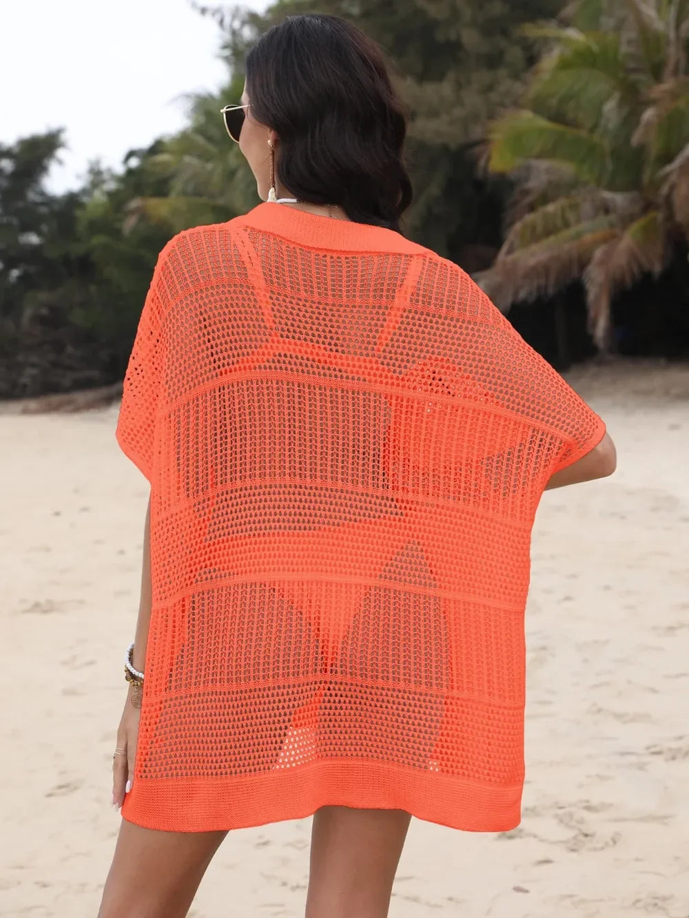 One Size Sheer Hollow Out Collared Neck Cover Up - Southern Shores Clothing