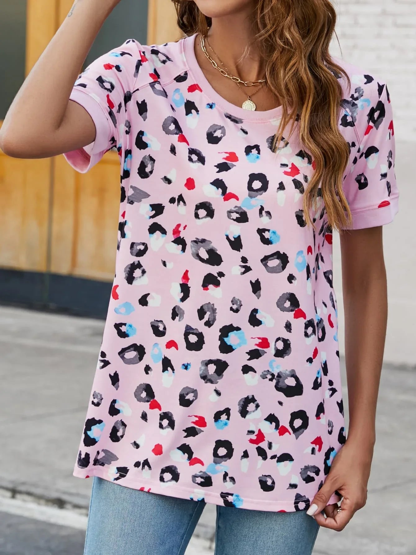Leopard Print V-Neck Long T-Shirt With Stretchy Fabric - Southern Shores Clothing