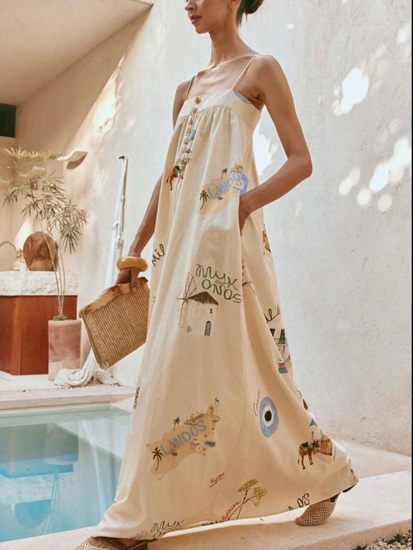 Bohemian Print Cami Maxi Dress With Pockets And Delicate Straps - Southern Shores Clothing