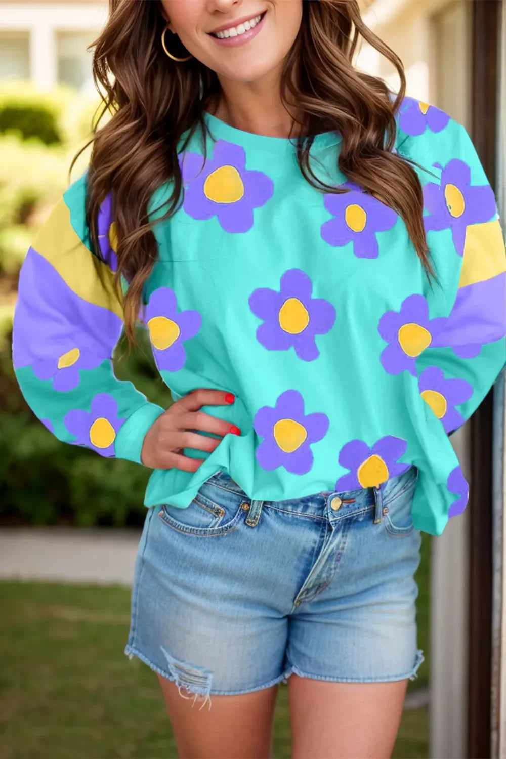 Contrast Flower Long Sleeve Round Neck Blouse - Southern Shores Clothing