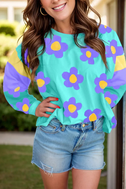 Contrast Flower Long Sleeve Round Neck Blouse - Southern Shores Clothing