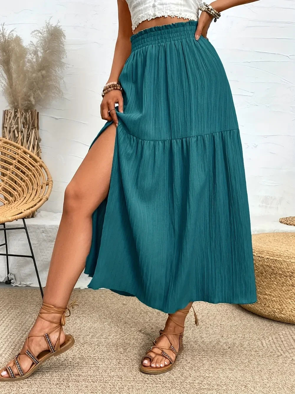 Lightweight Polyester Blend Frill Slit Skirt - Southern Shores Clothing