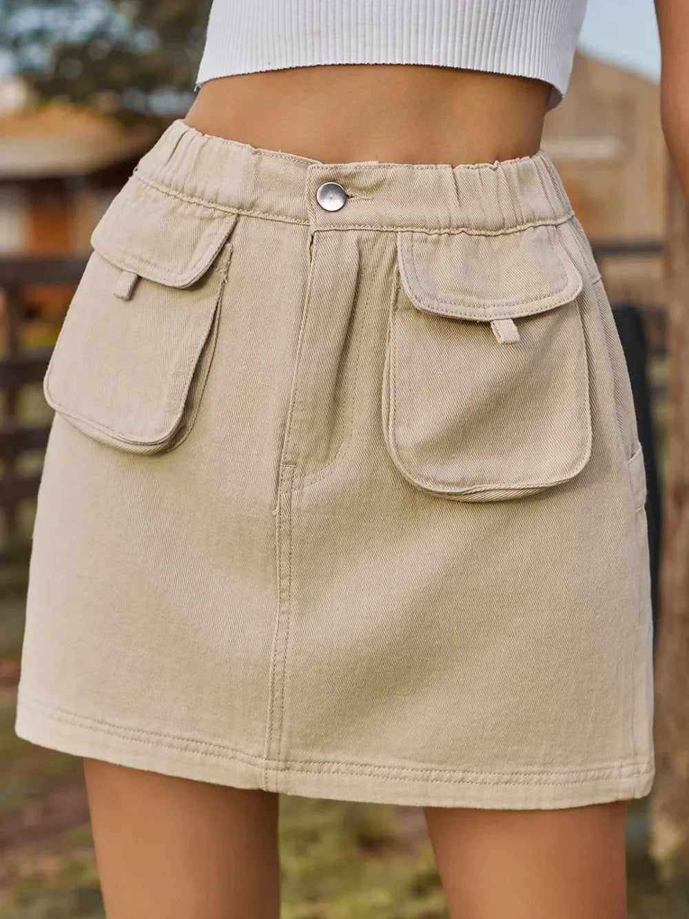 Pocketed Denim Skirt With Elastic Waist Casual - Southern Shores Clothing