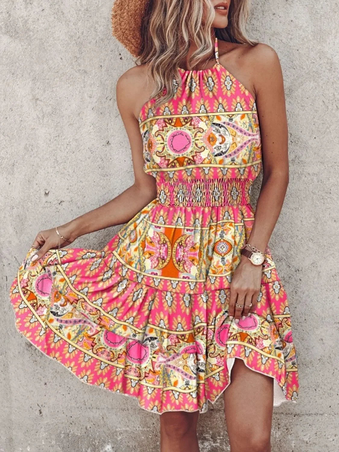 Ruffled Smocked Paisley Print Halter Neck Mini Dress Boho - Southern Shores Clothing