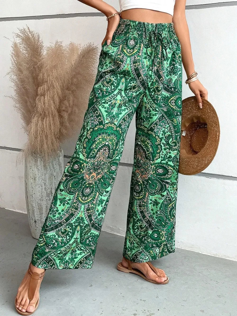 Printed Wide Leg Pants With Paisley Print Drawstring Waist - Southern Shores Clothing